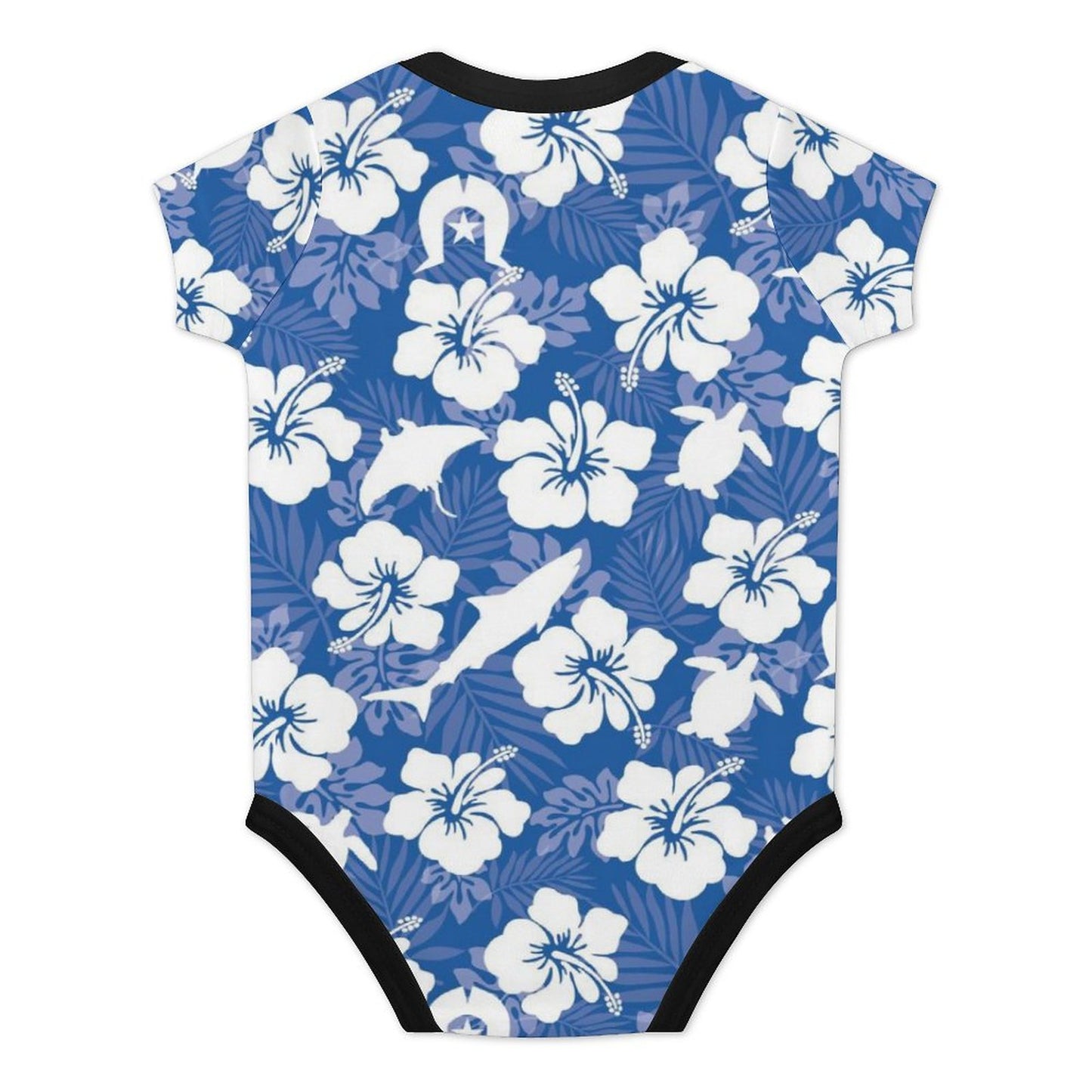 White hibiscus flowers with Dhari, Shark, turtle, and stingray on Faux Cotton Short Sleeve Baby Romper