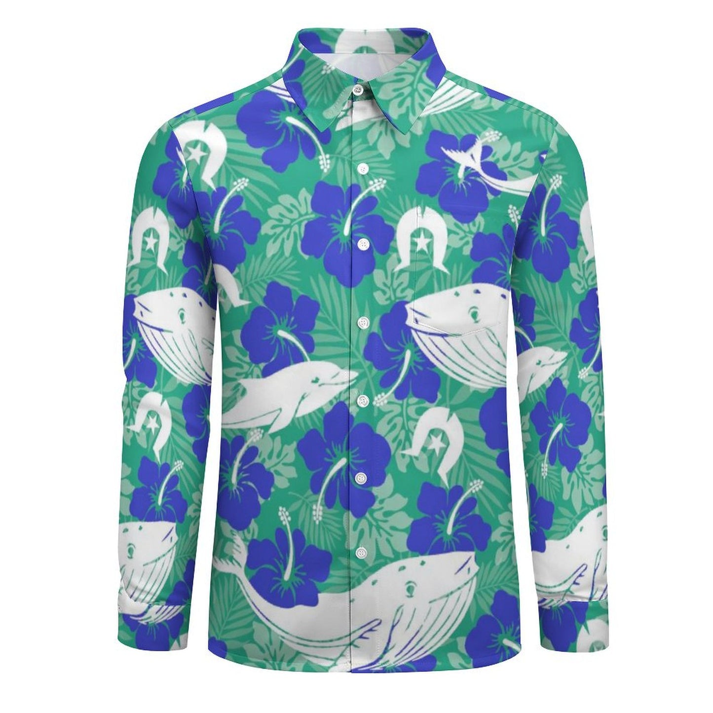 Royal Blue Hibiscus flowers with Whale, Dolphin and Dhari on Men's Casual Long Sleeve Shirt
