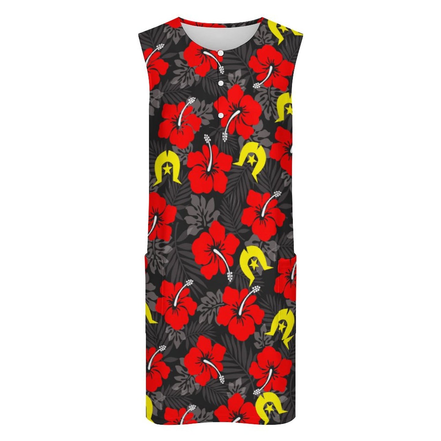 Royal Red Hibiscus with Yellow Dhari on Sleeveless Pocket Dress