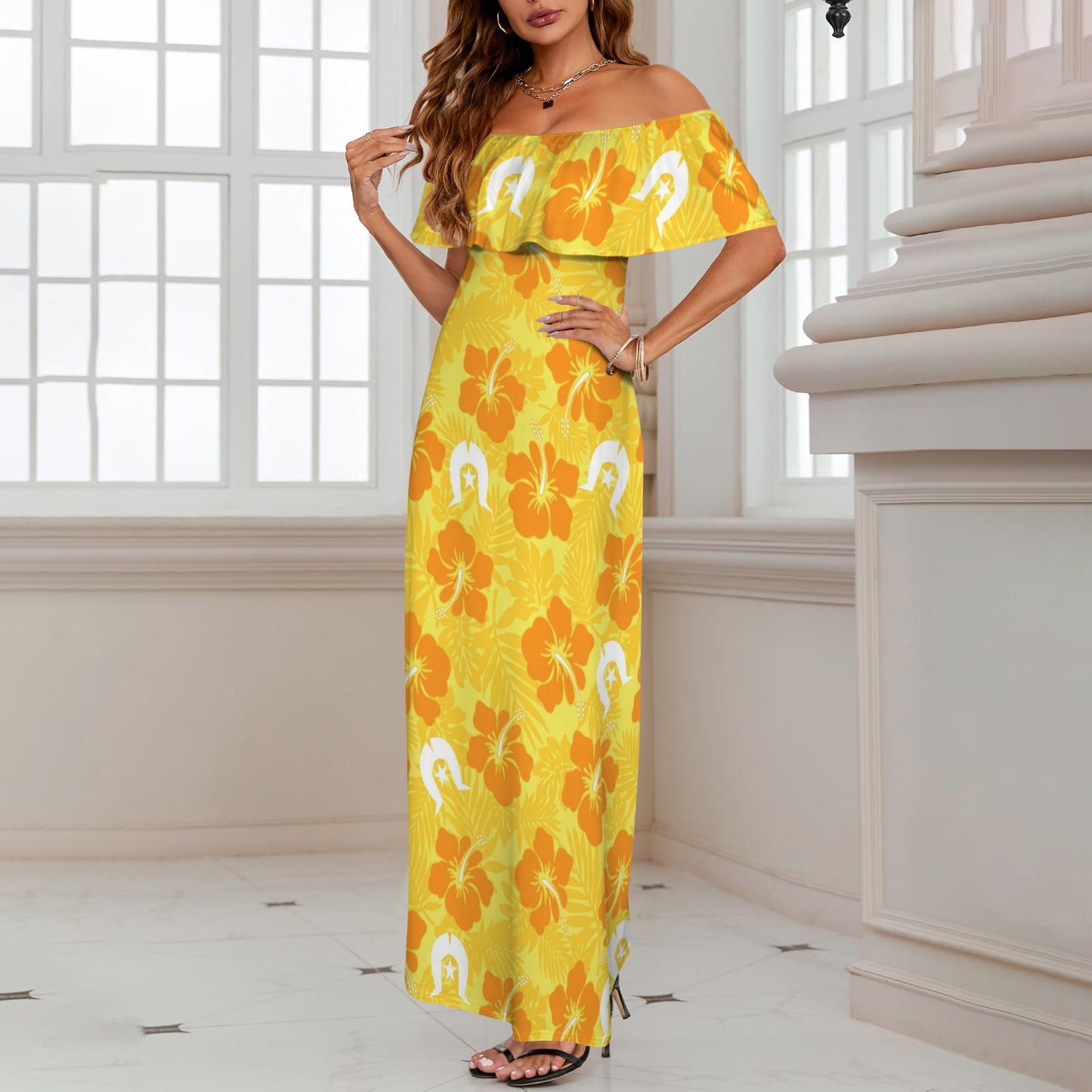 Hibiscus flowers with Dhari (Gold) on Women's Off Shoulder Ruffle Boat Neck Dress
