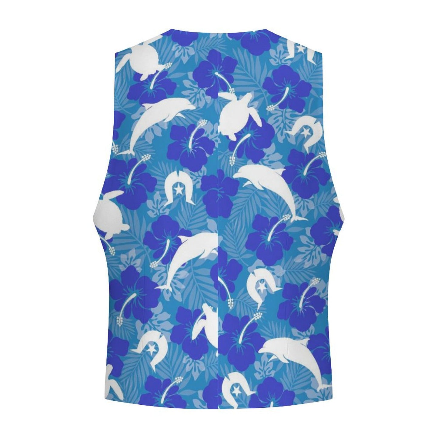 White Hibiscus flowers with Dolphin, Turtle and Dhari (Royal blue) on Men's Sleeveless Suit Vest