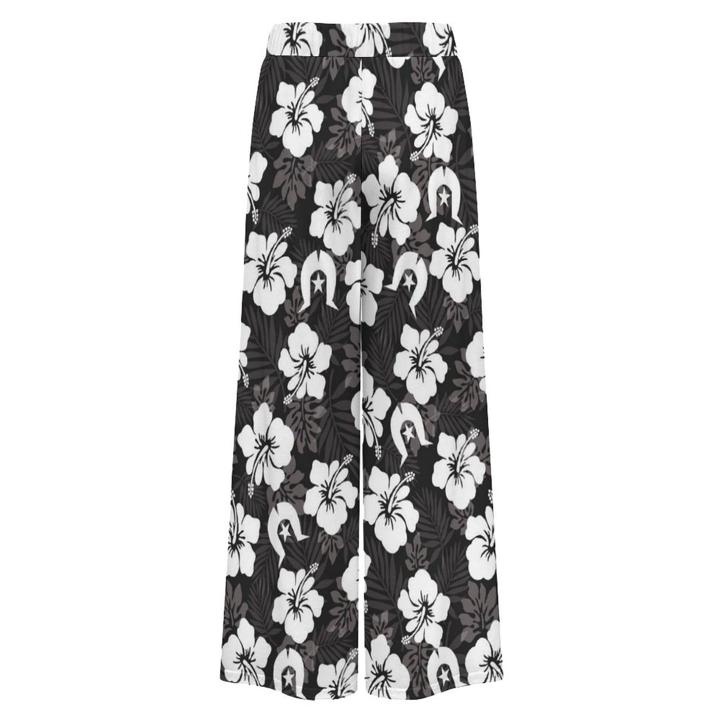 White Hibiscus and Dhari (Black) on Women’s Wide-Leg Pants