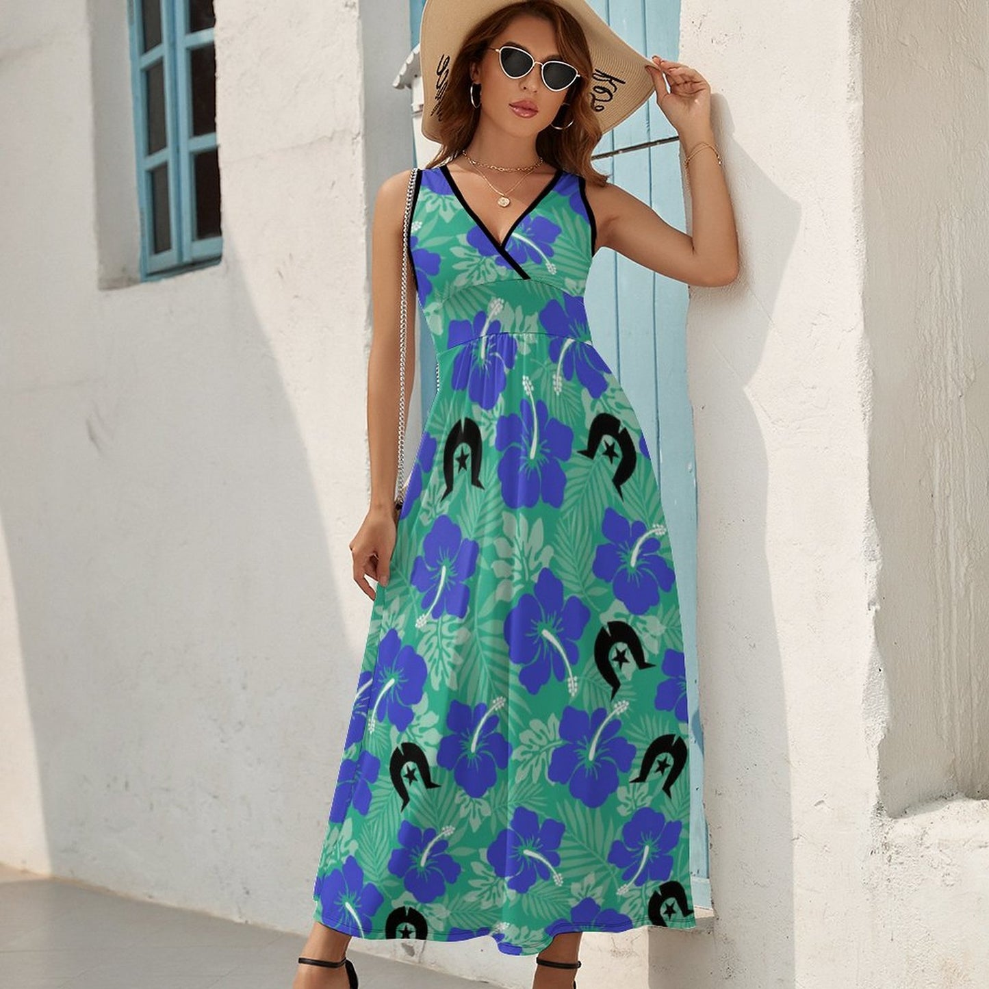 Royal Blue Hibiscus flowers with Black Dhari on V Neck Sleeveless Dress