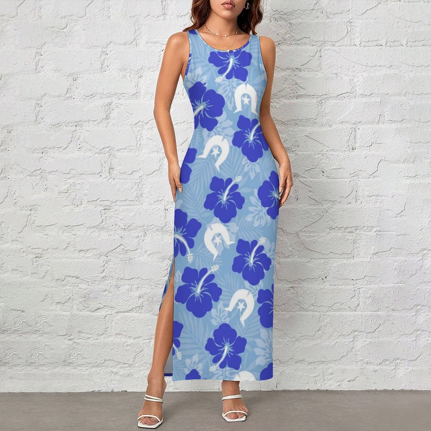 Hibiscus flowers with White Dhari (Sky blue) on 180gsm Slit Fitted Camisole Cheongsam