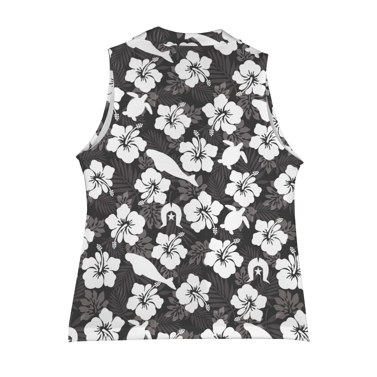 White hibiscus flowers with Dhari, Dugong and Turtle (Black) on Women Sleeveless Suit Vest