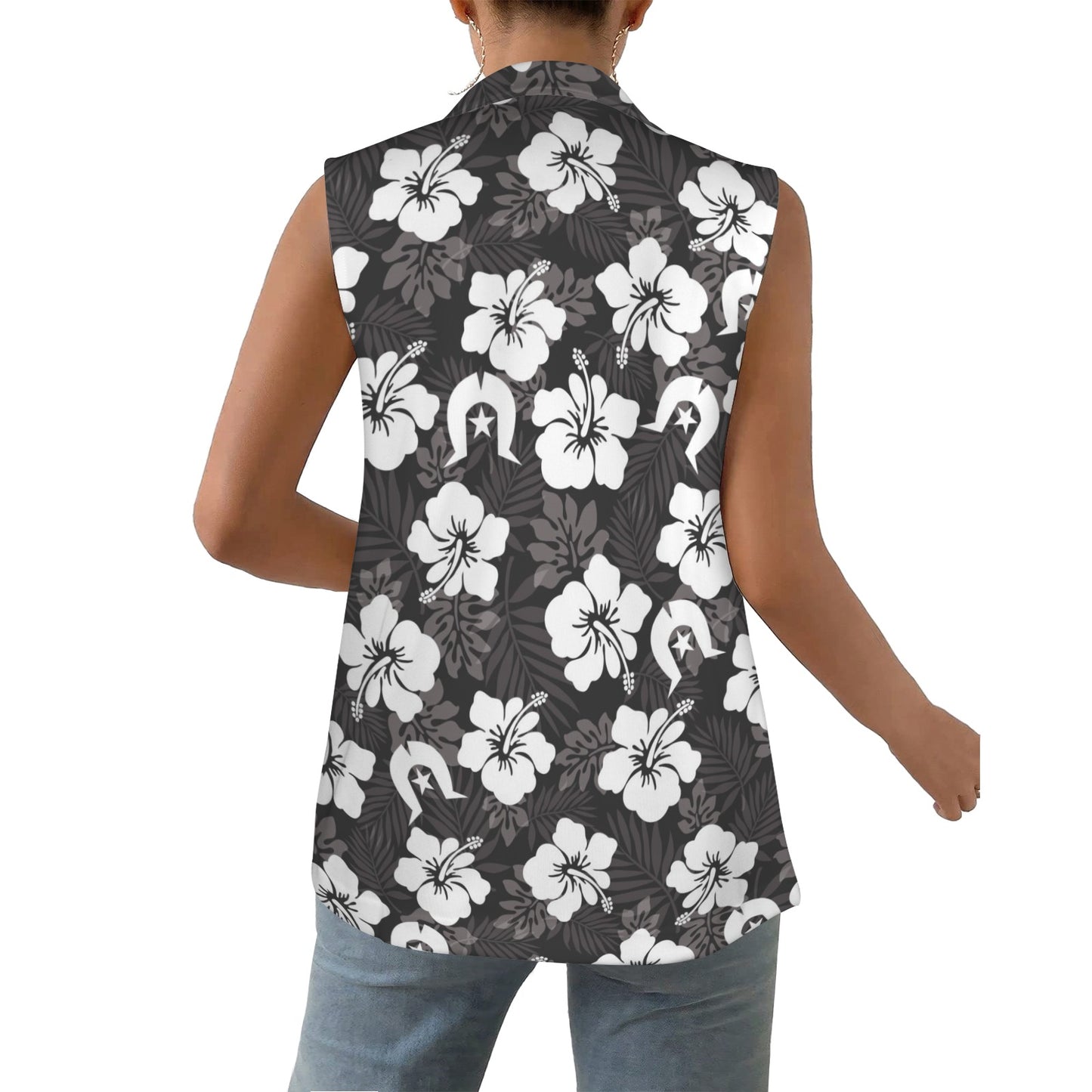 White Hibiscus and Dhari (Black) on Women Sleeveless Suit Vest