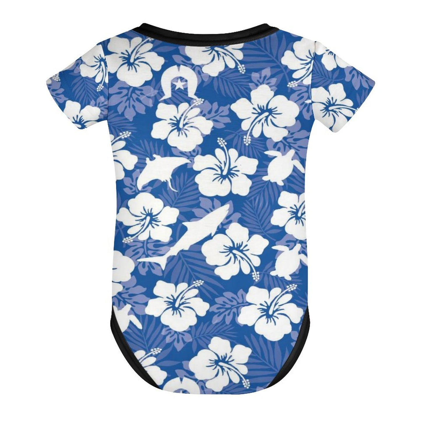 White hibiscus flowers with Dhari, Shark, turtle, and stingray on Faux Cotton Short Sleeve Baby Romper