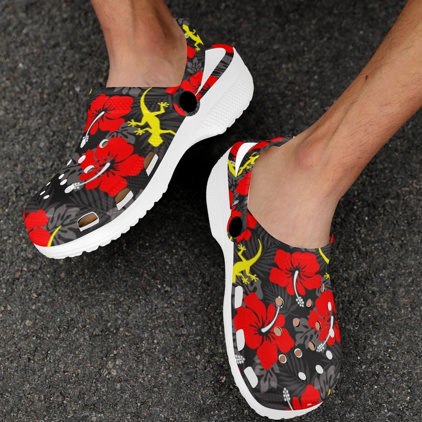 Royal Red Hibiscus flowers with Gecko on Adults Clogs