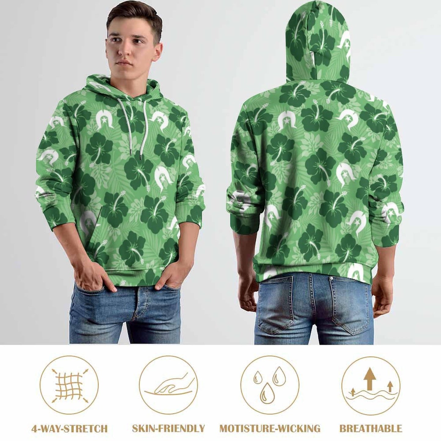 Hibiscus flowers with Dhari (Sea Grass Green) on Men's Cool Hoodie with Double-layer Cap