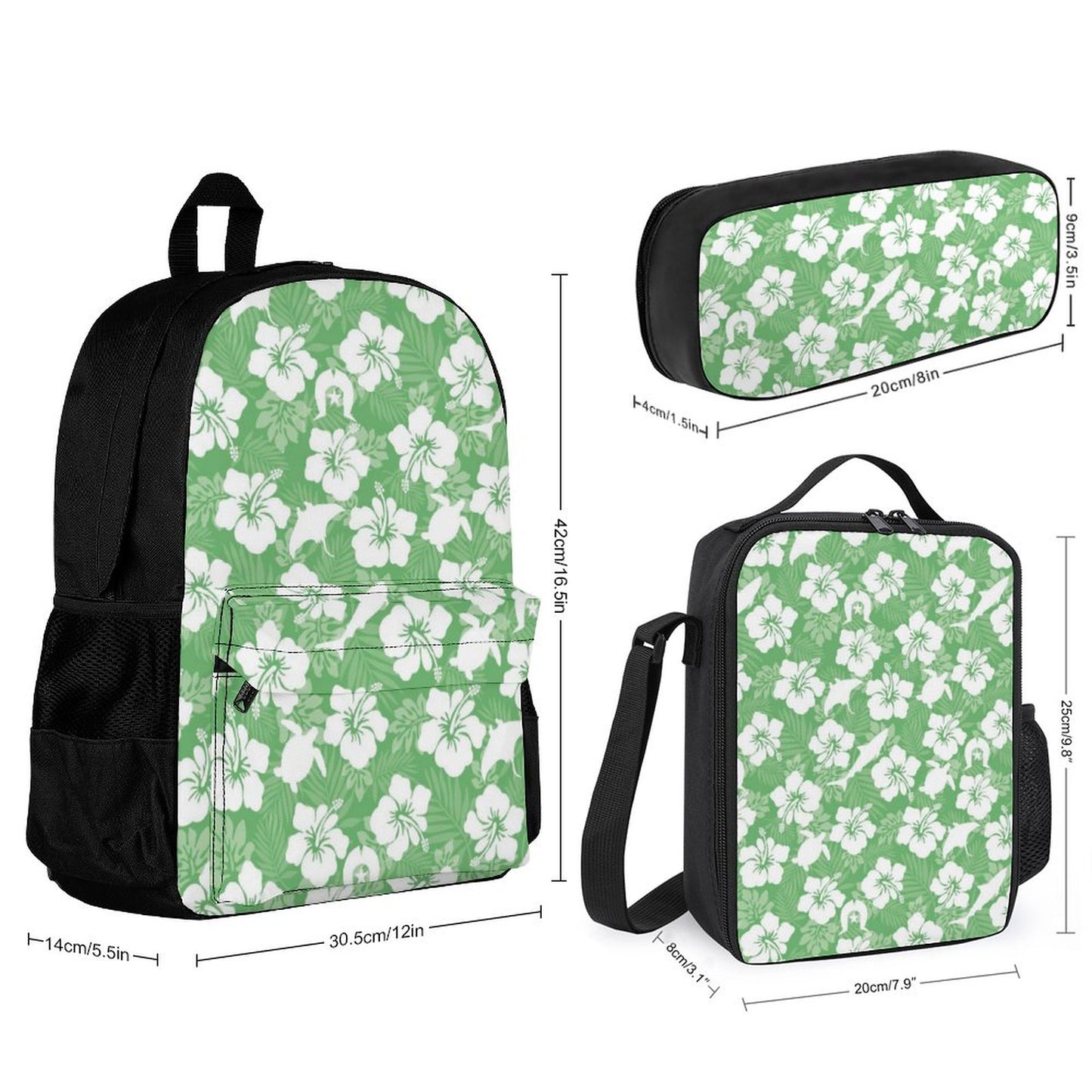 White hibiscus flowers with Dhari, Shark, turtle, and stingray (Green) on Set of 3 Bags (Shoulder Bag Lunch Bag & Pencil Pouch)
