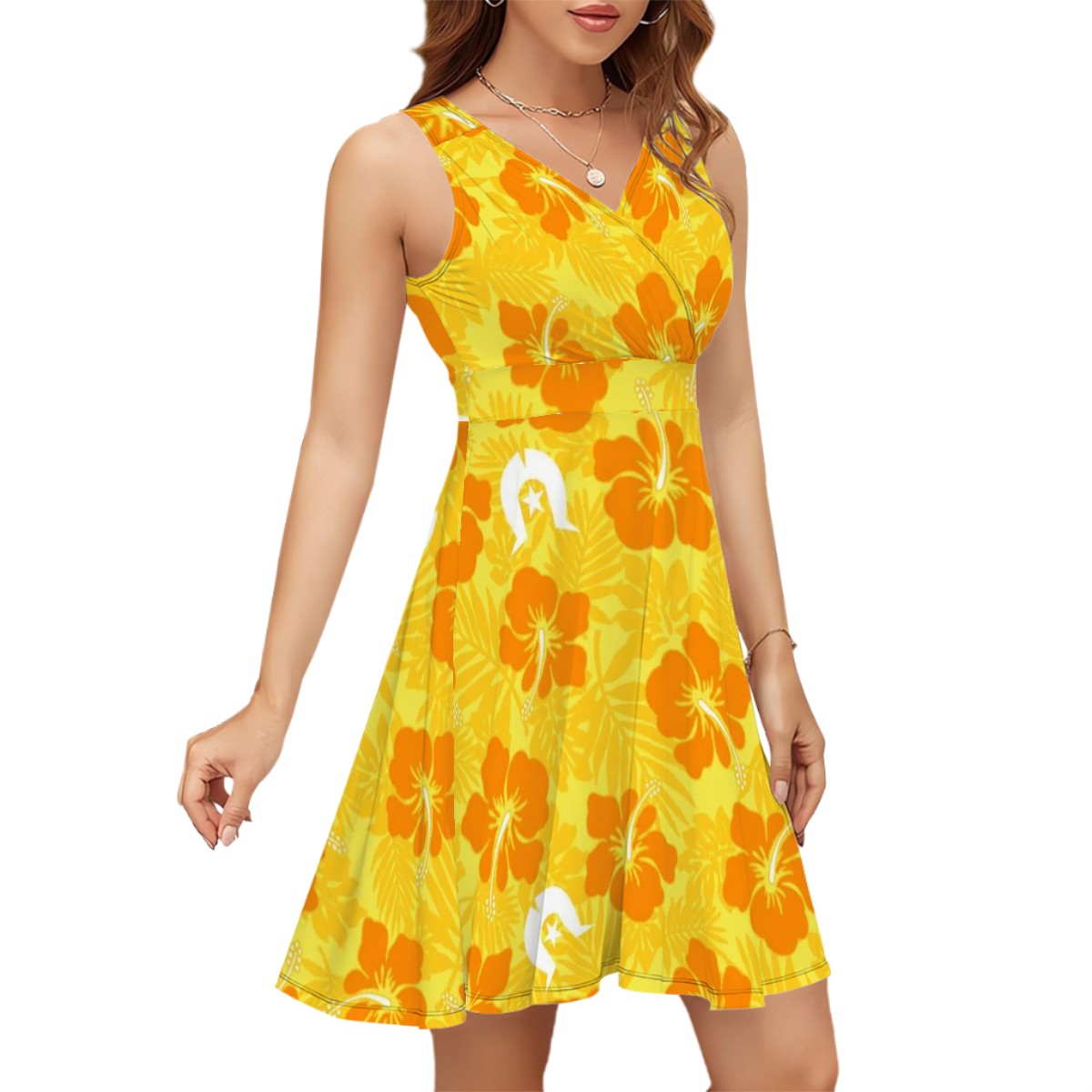 Hibiscus flowers with Dhari (Gold) on Sleeveless V Neck Dress