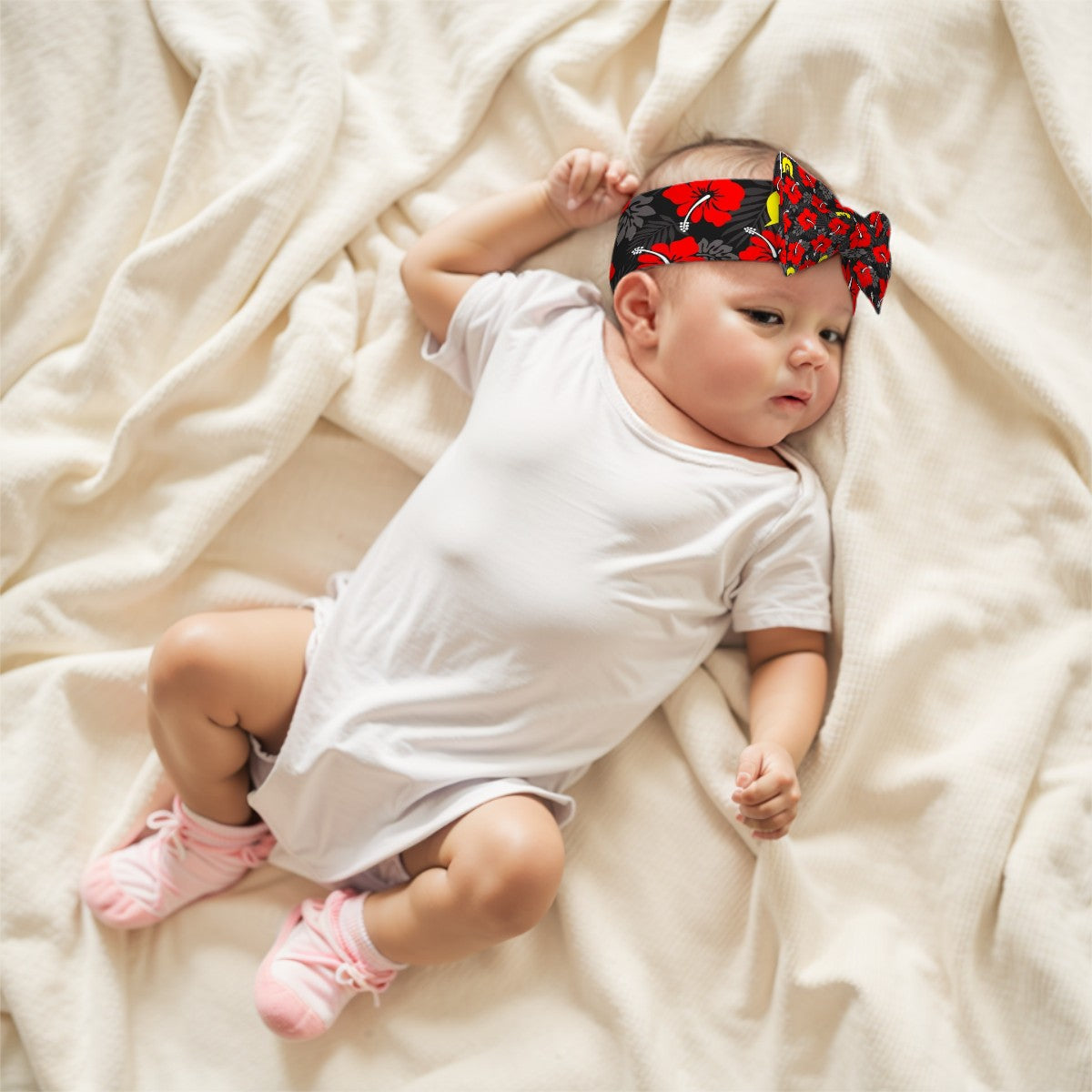 Royal Red Hibiscus with Yellow Dhari on Bowknot Baby Headbands