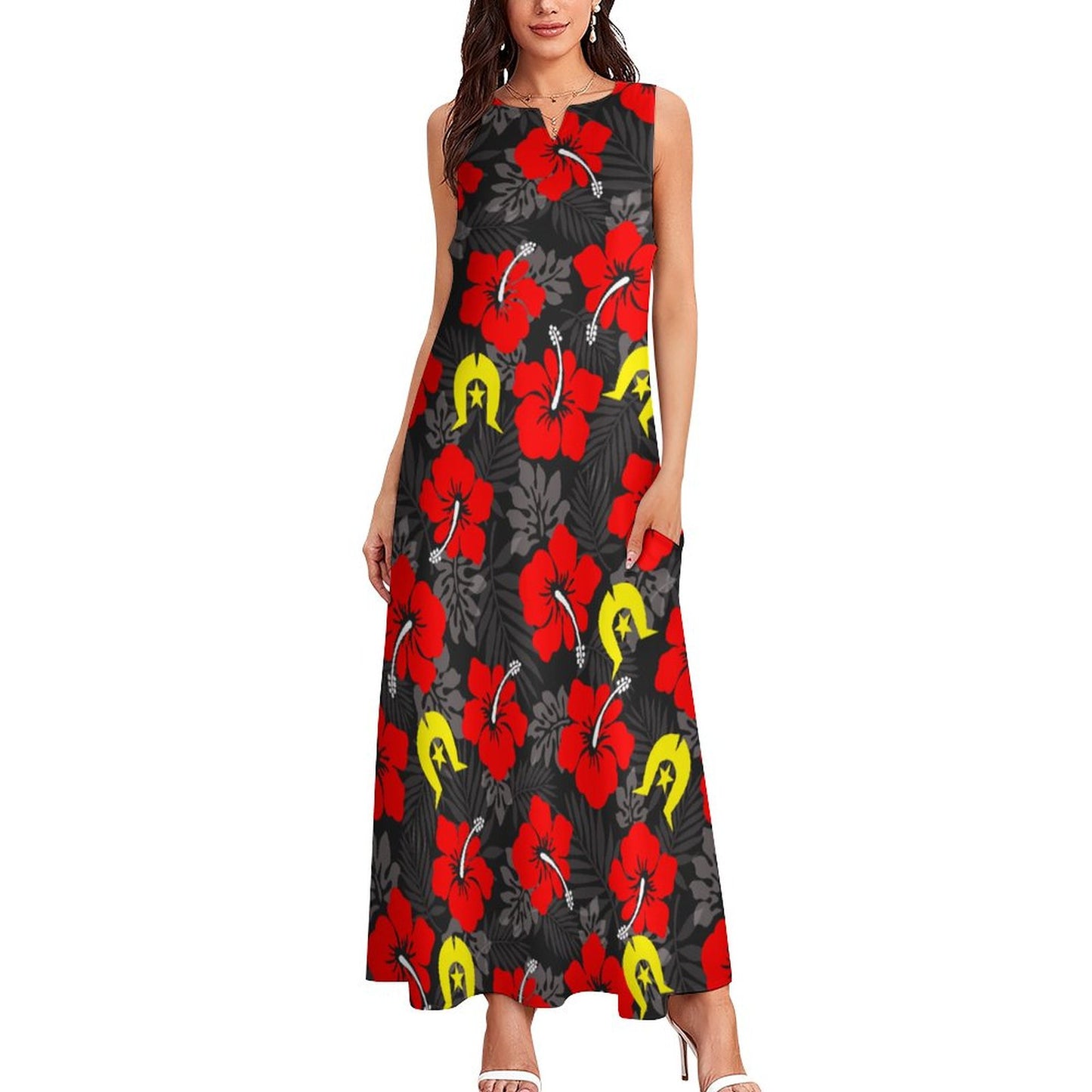 Royal Red Hibiscus with Yellow Dhari on Sleeveless Ankle-length Dress