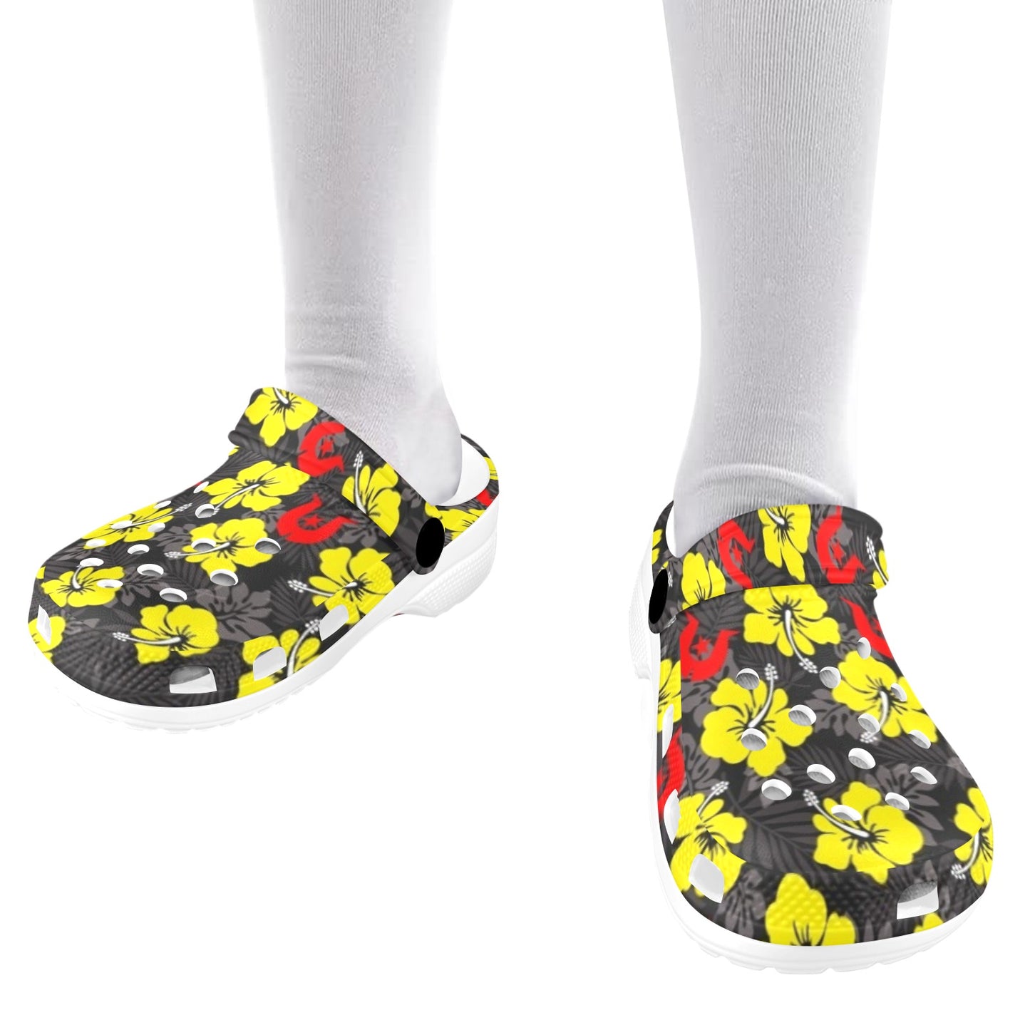 Royal yellow Hibiscus with Red Dhari on Kids Clogs
