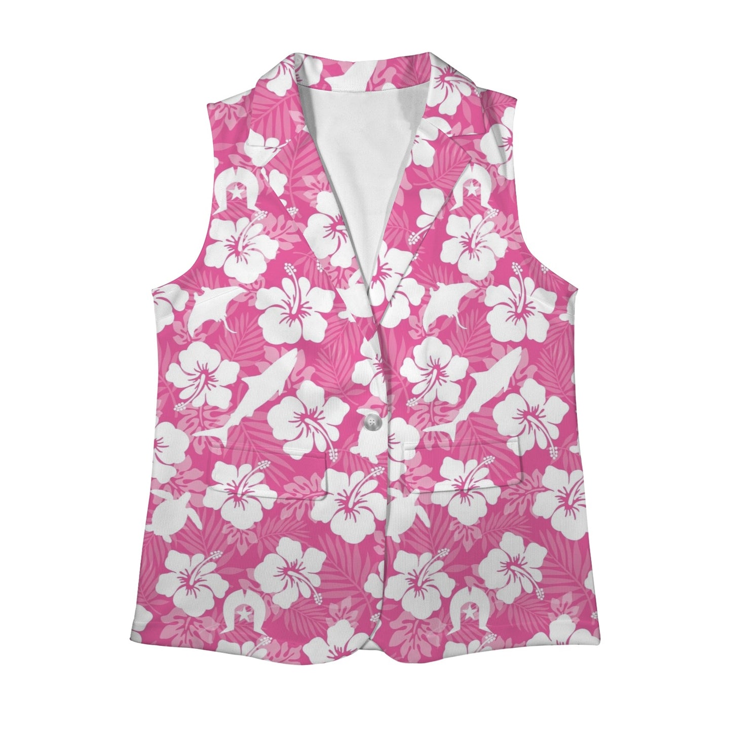 White hibiscus flowers with Dhari, Shark, turtle, and stingray (Pink) on Women Sleeveless Suit Vest