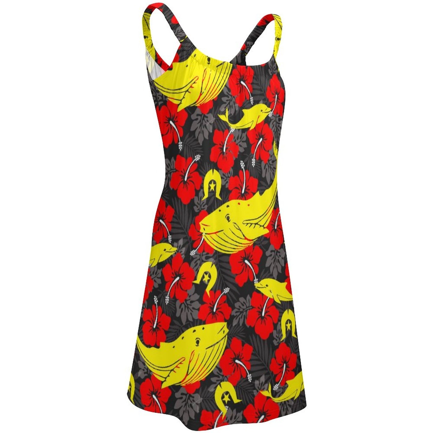 Royal Red Hibiscus with Yellow Dhari, Whale and Dolphin on Sleeveless Dress