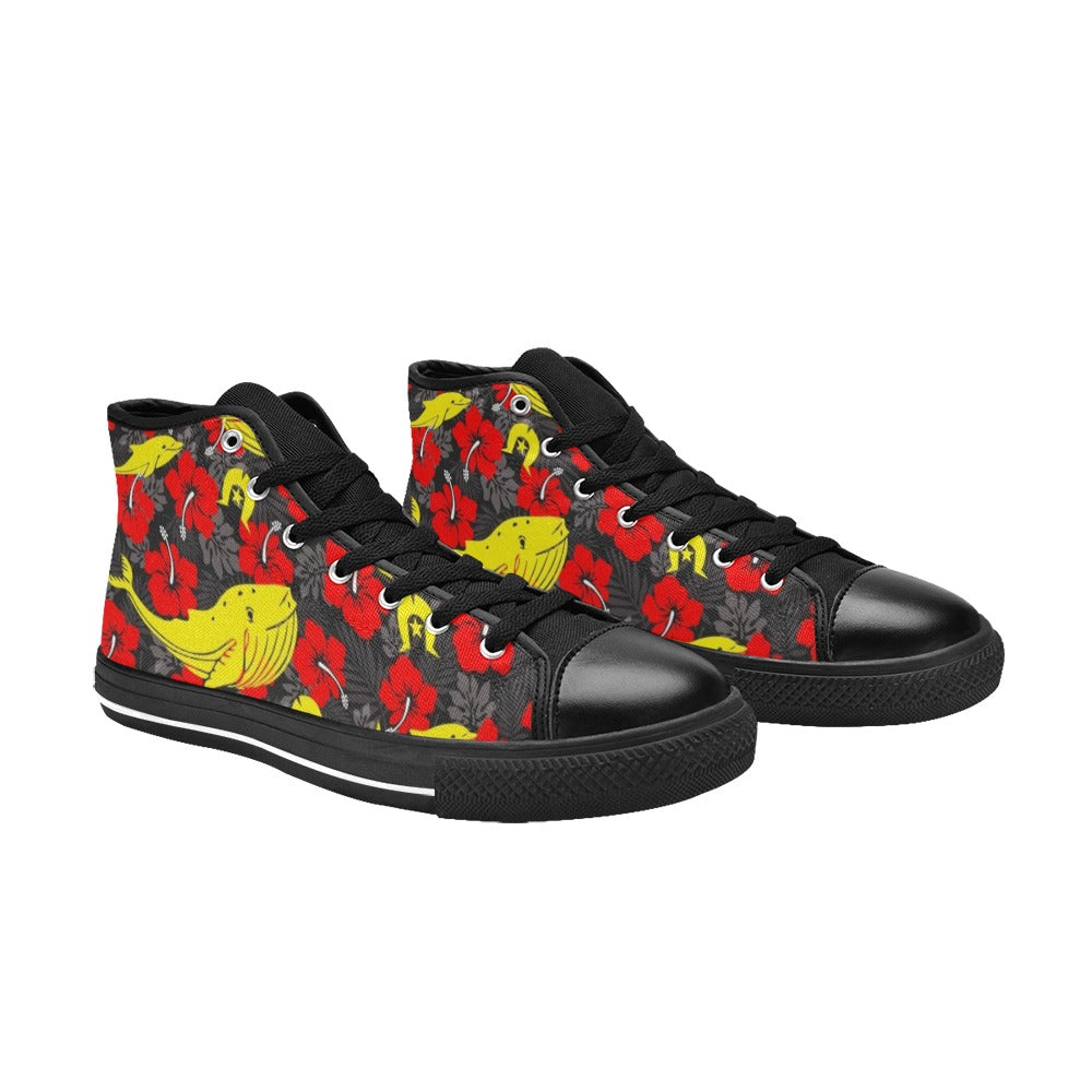Royal Red Hibiscus with Yellow Dhari, Whale and Dolphin on Women's High Top Canvas Shoes