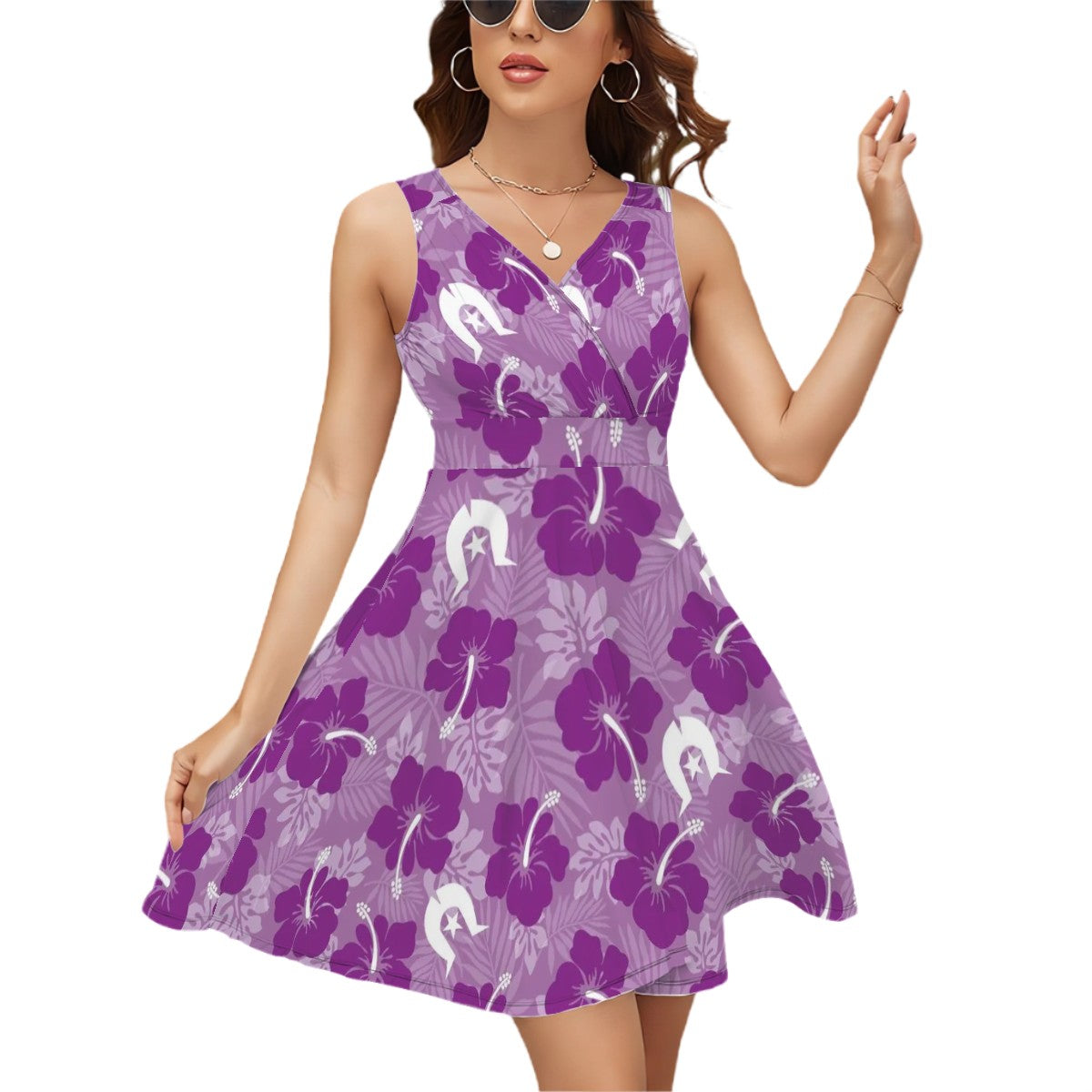 Hibiscus flowers with Dhari (Royal purple) on Sleeveless V Neck Dress