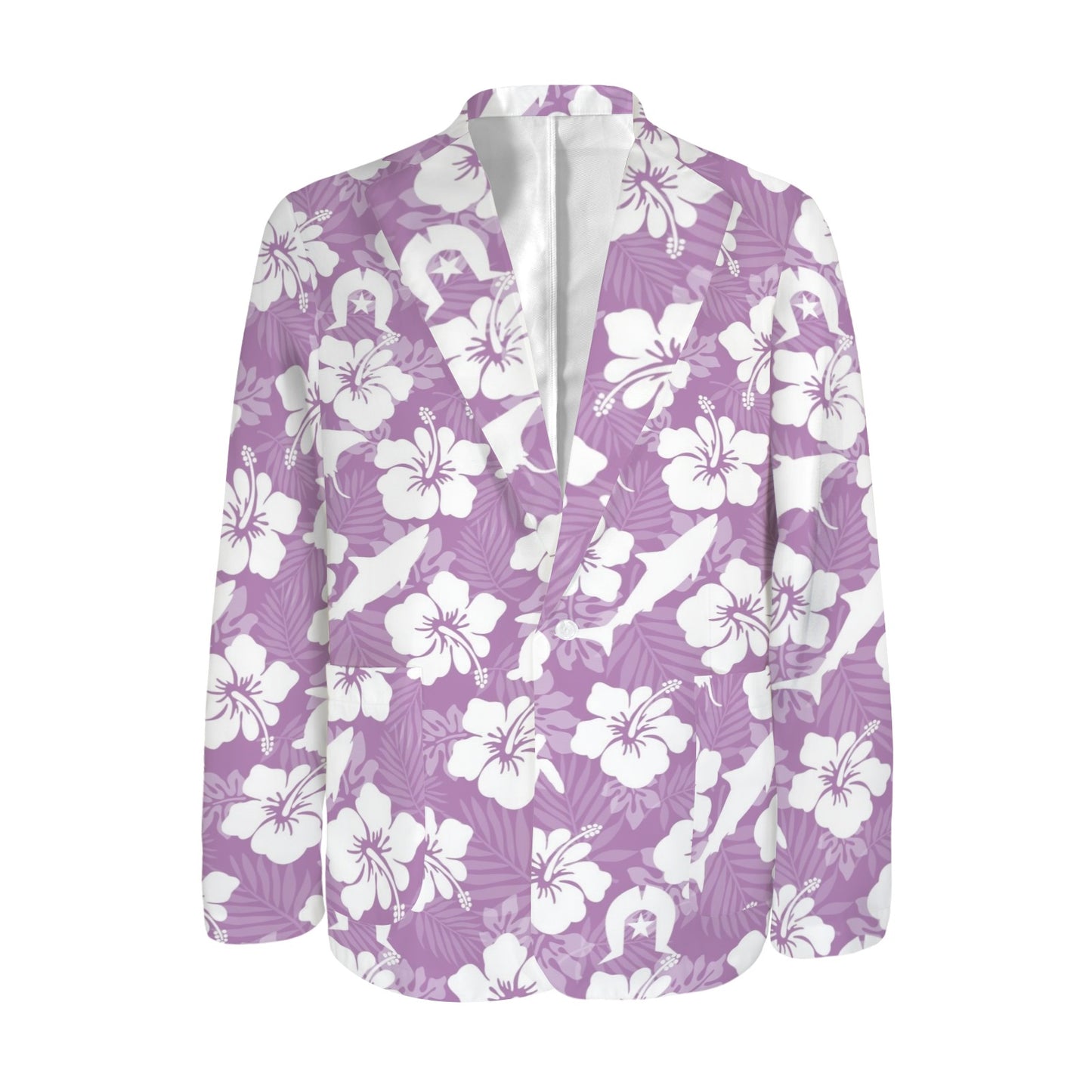 White hibiscus flowers with Dhari, Shark, turtle, and stingray (Purple) Men's Blazer