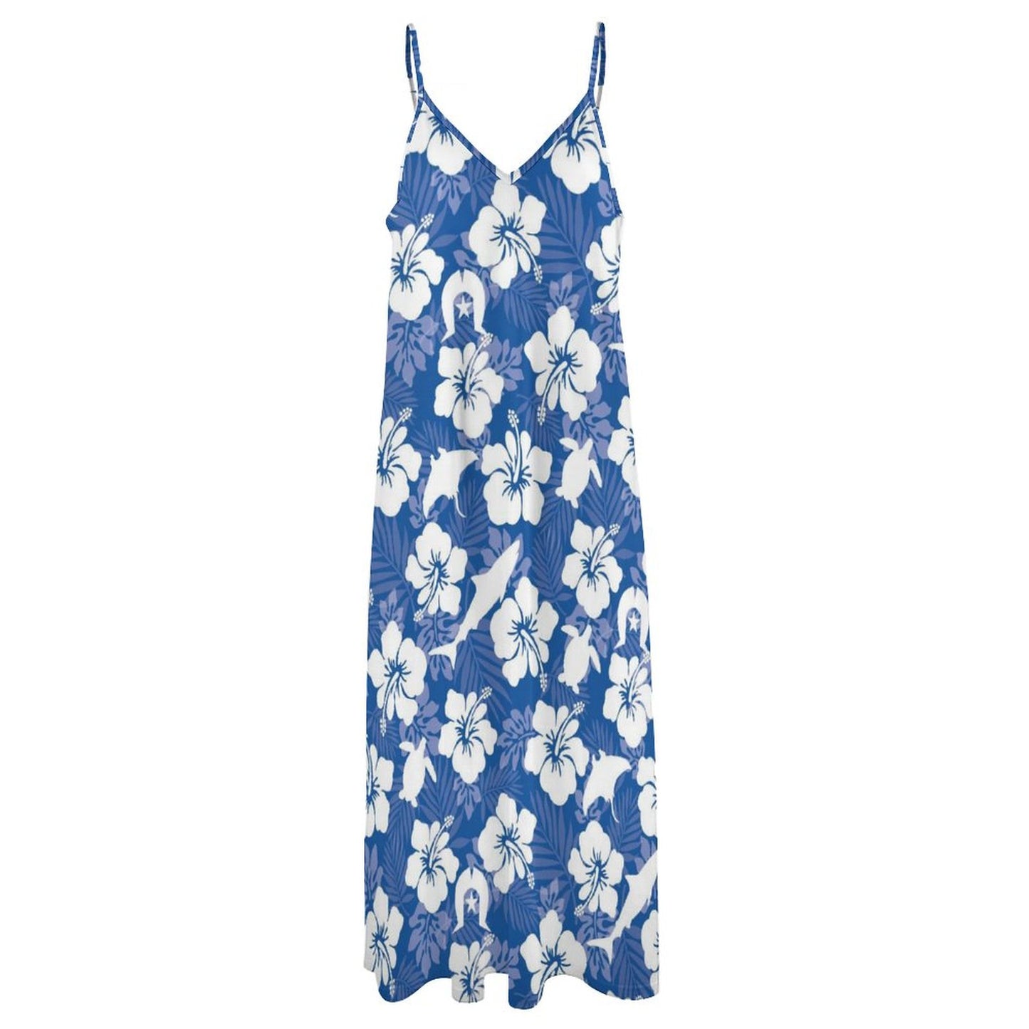White hibiscus flowers with Dhari, Shark, turtle, and stingray on Ankle-length Slip Dress BDQ