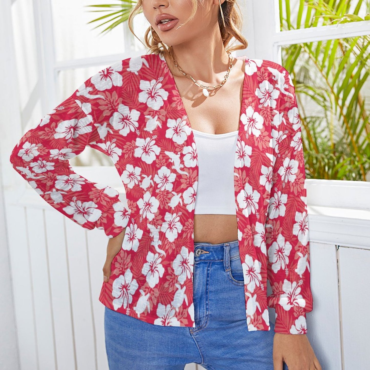 White Hibiscus flowers with Crocodile and Turtle on Long Sleeve Drop Shoulder Open Shirt