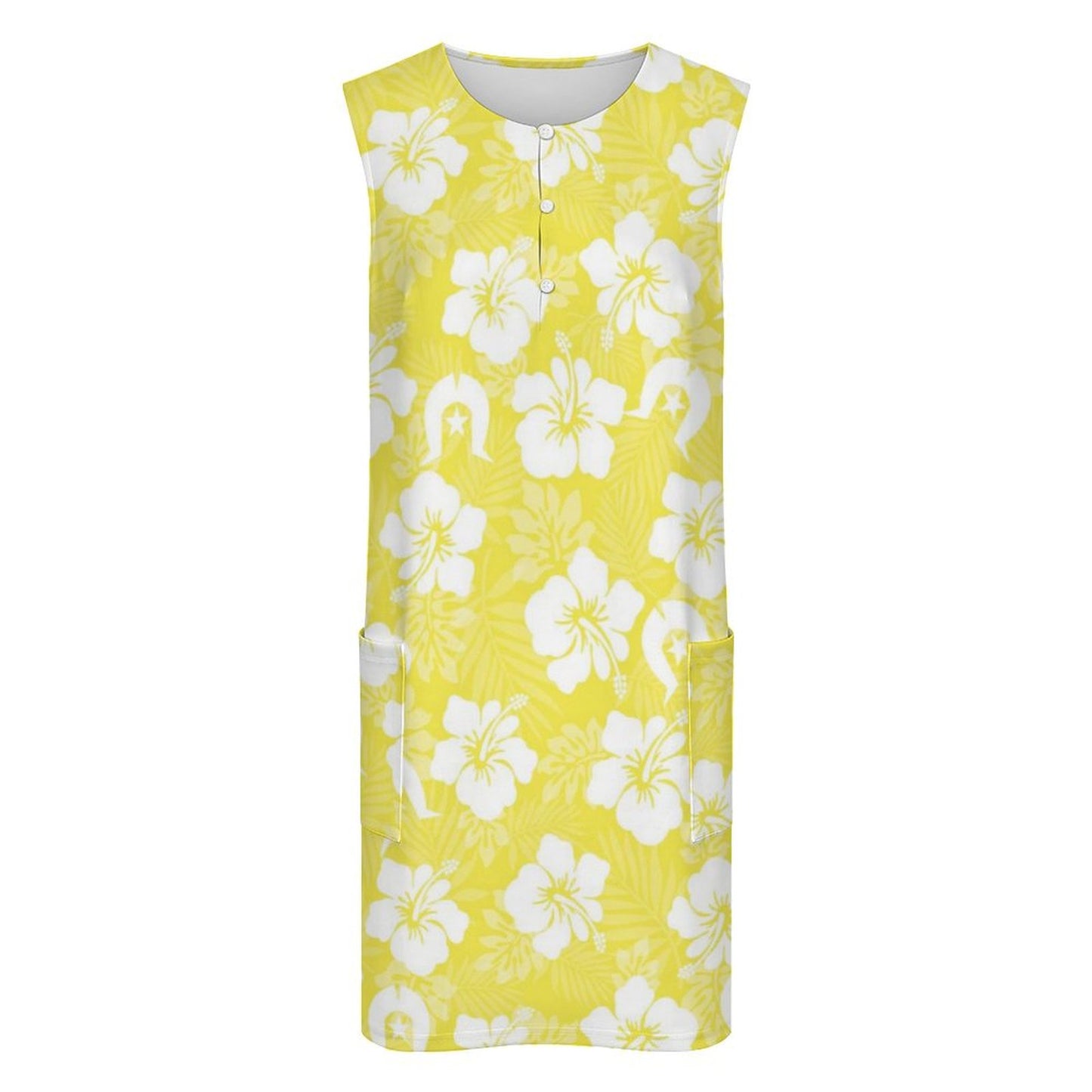 White Hibiscus flowers with Dhari (Yellow) on Sleeveless Pocket Dress
