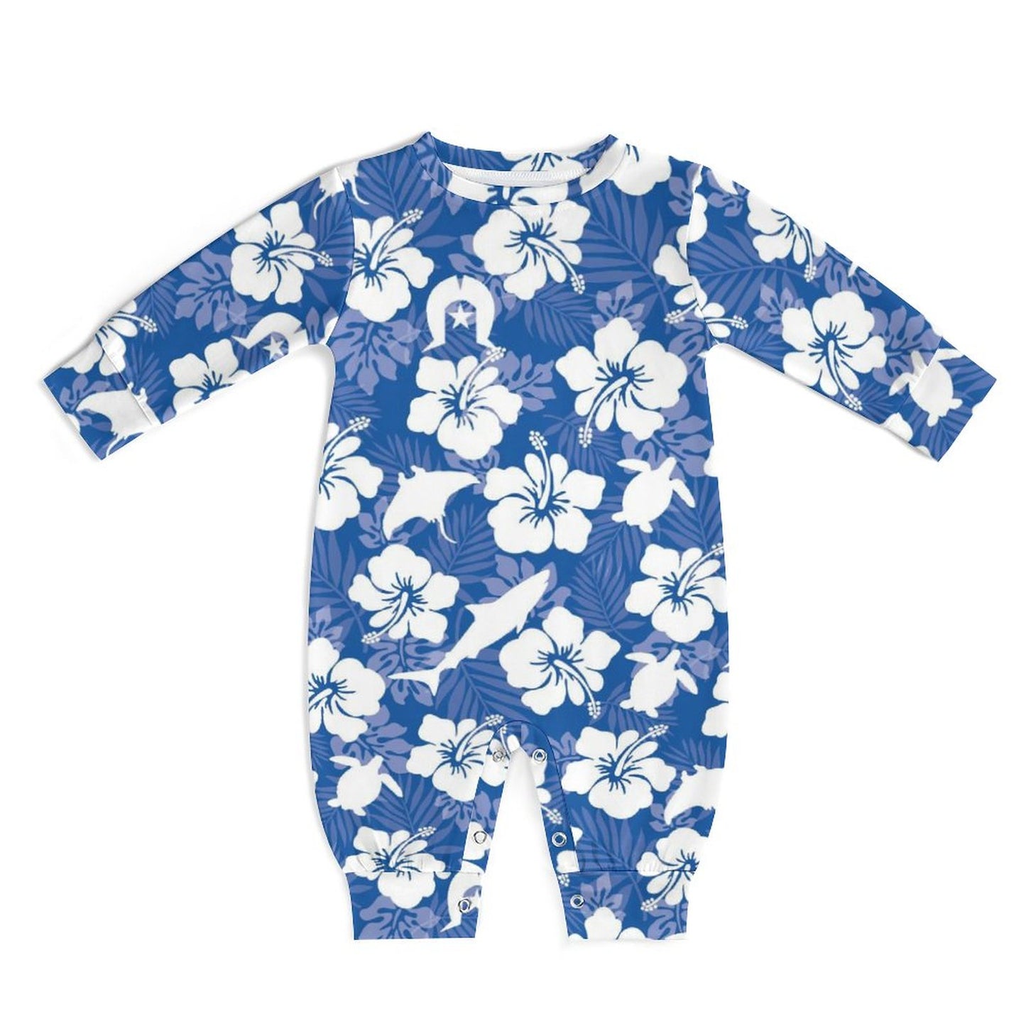 White hibiscus flowers with Dhari, Shark, turtle, and stingray on Baby Romper