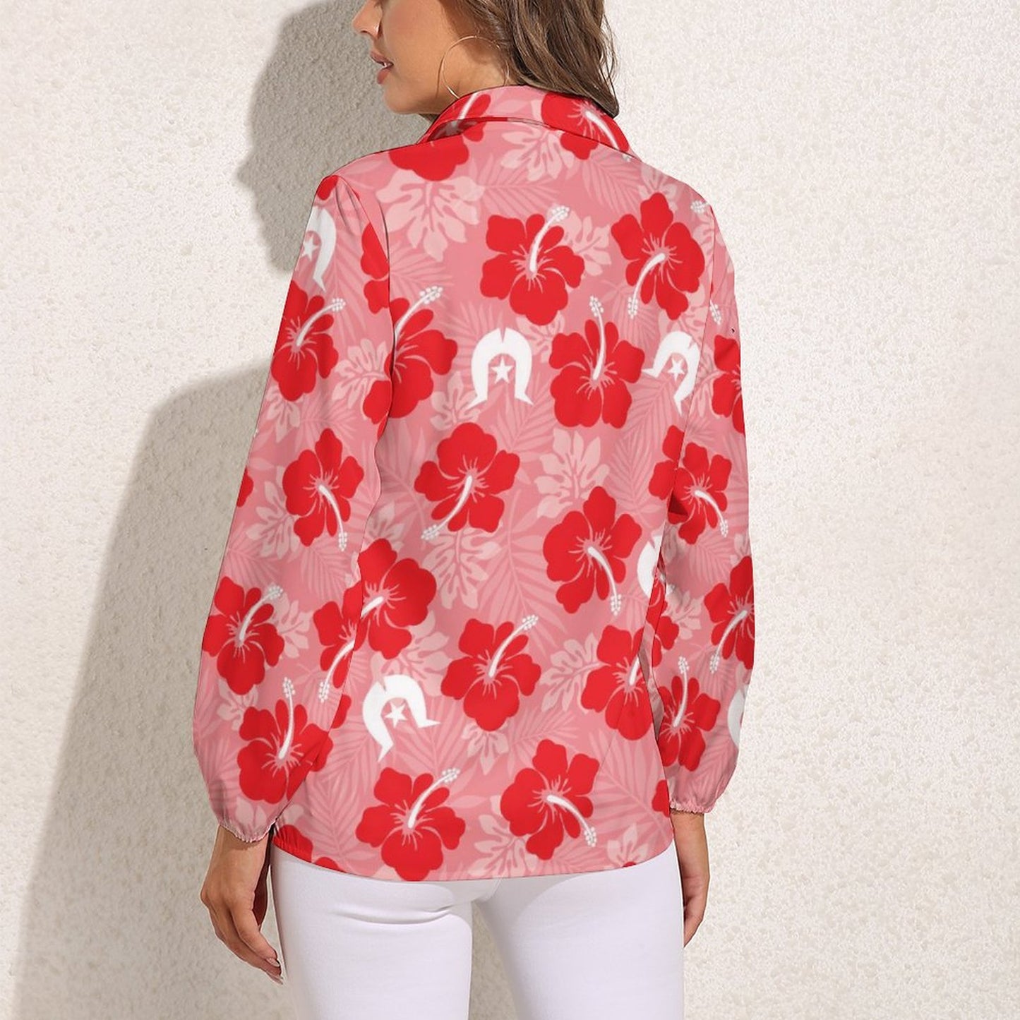 Hibiscus flowers with Dhari (Royal Pink) on Casual Long Sleeve Vintage Tour Shirt