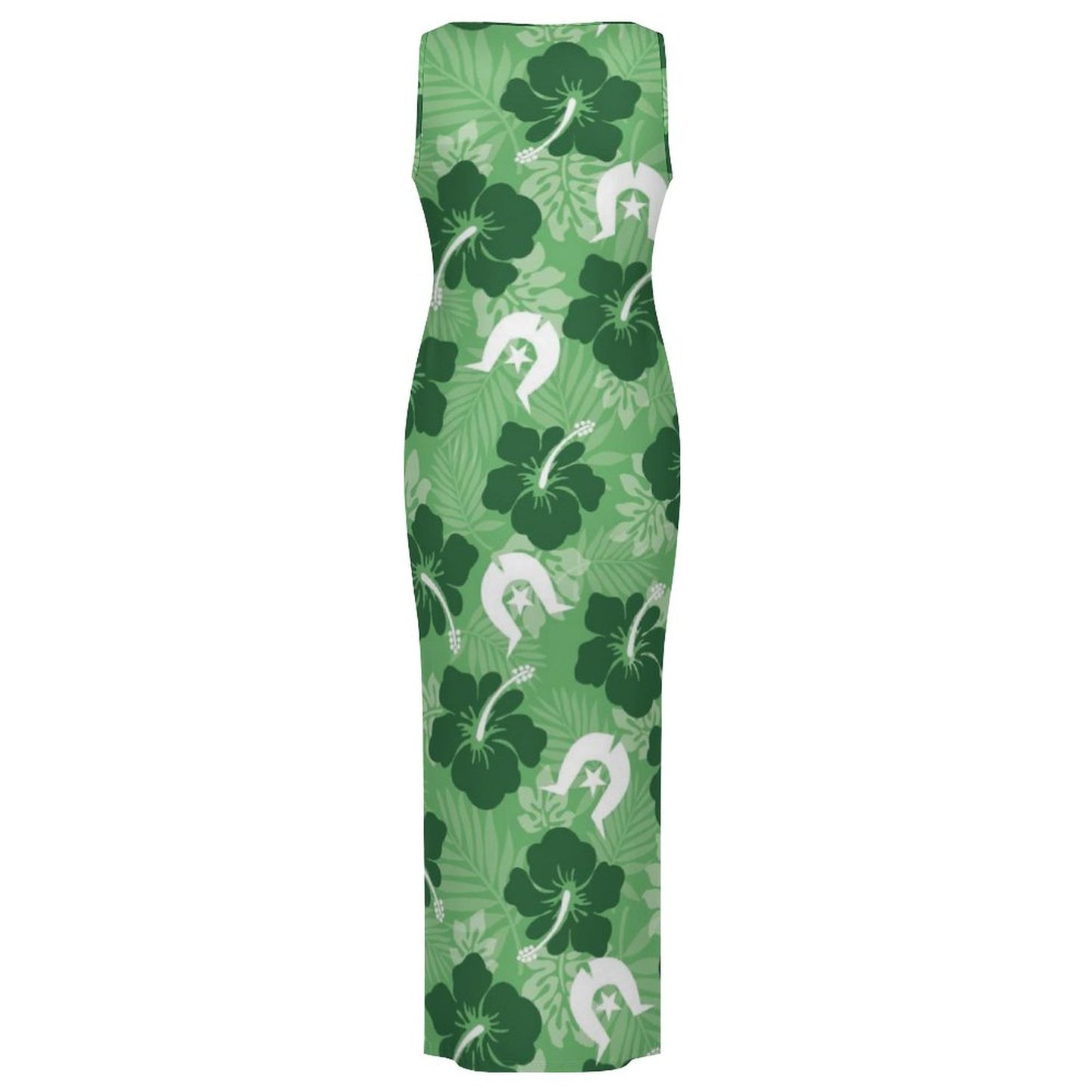 Hibiscus flowers with Dhari (Sea Grass Green) on 180gsm Slit Fitted Camisole Cheongsam