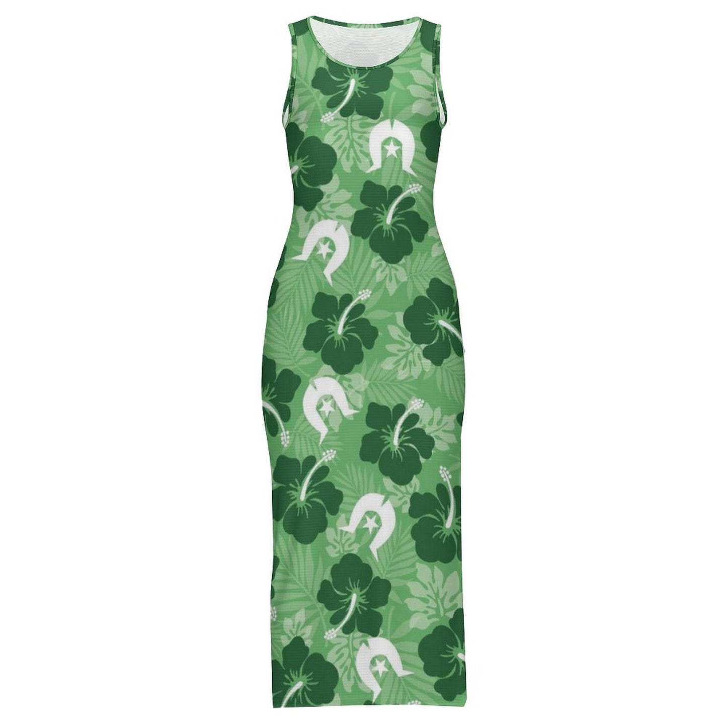 Hibiscus flowers with Dhari (Sea Grass Green) on 180gsm Slit Fitted Camisole Cheongsam