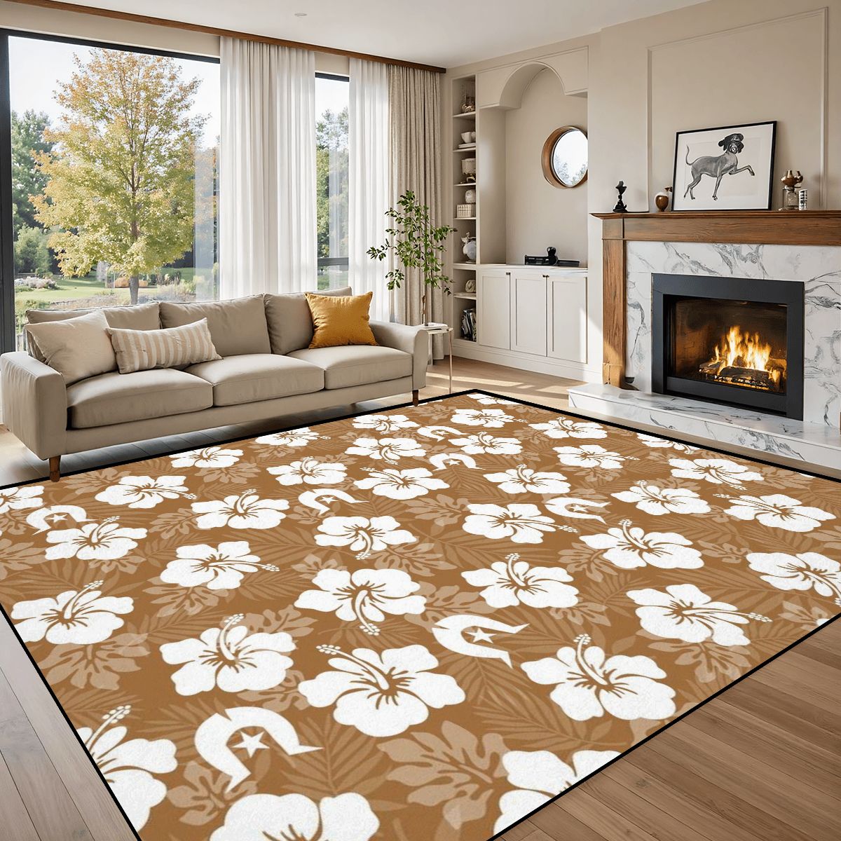 White Hibiscus flowers with Dhari (Brown) on Large Area Rug Floor Carpet