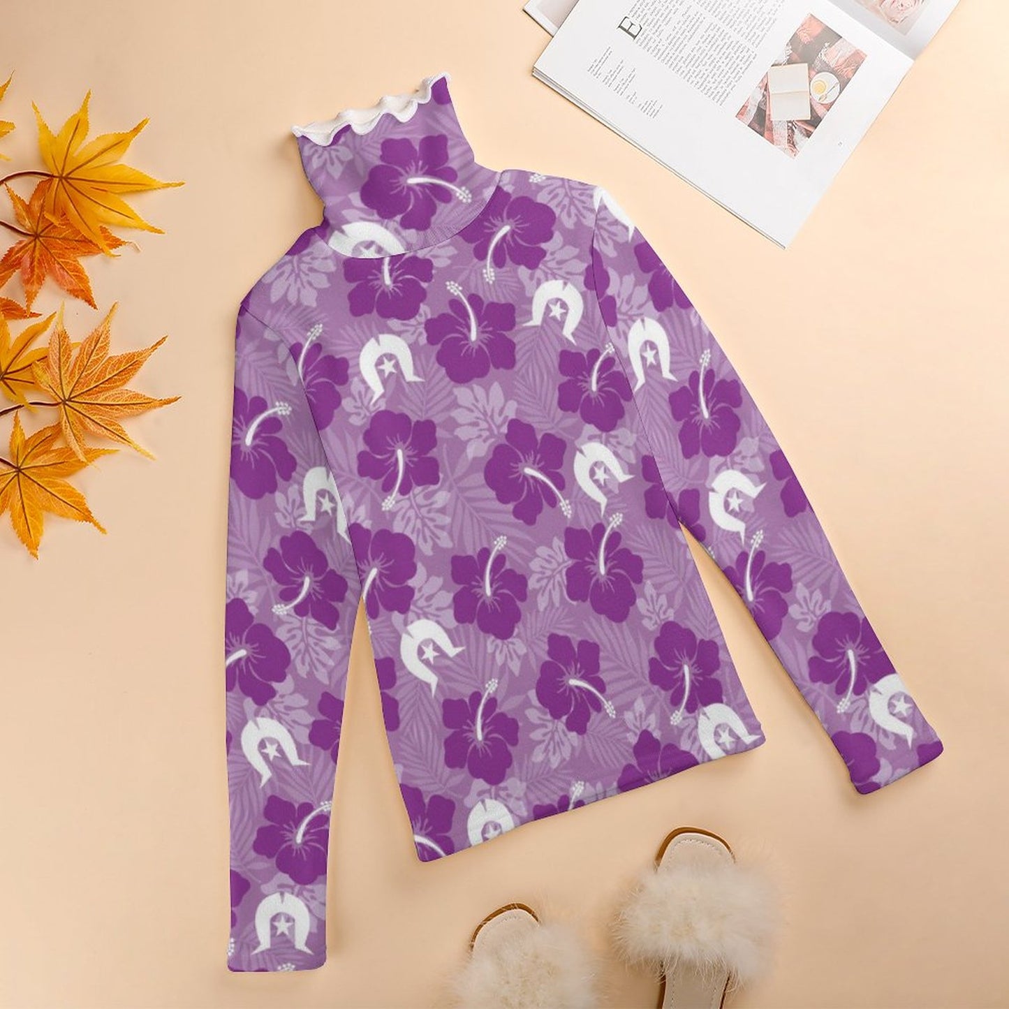 Hibiscus flowers with Dhari (Royal purple) on Women Long Sleeve Turtleneck Sweater