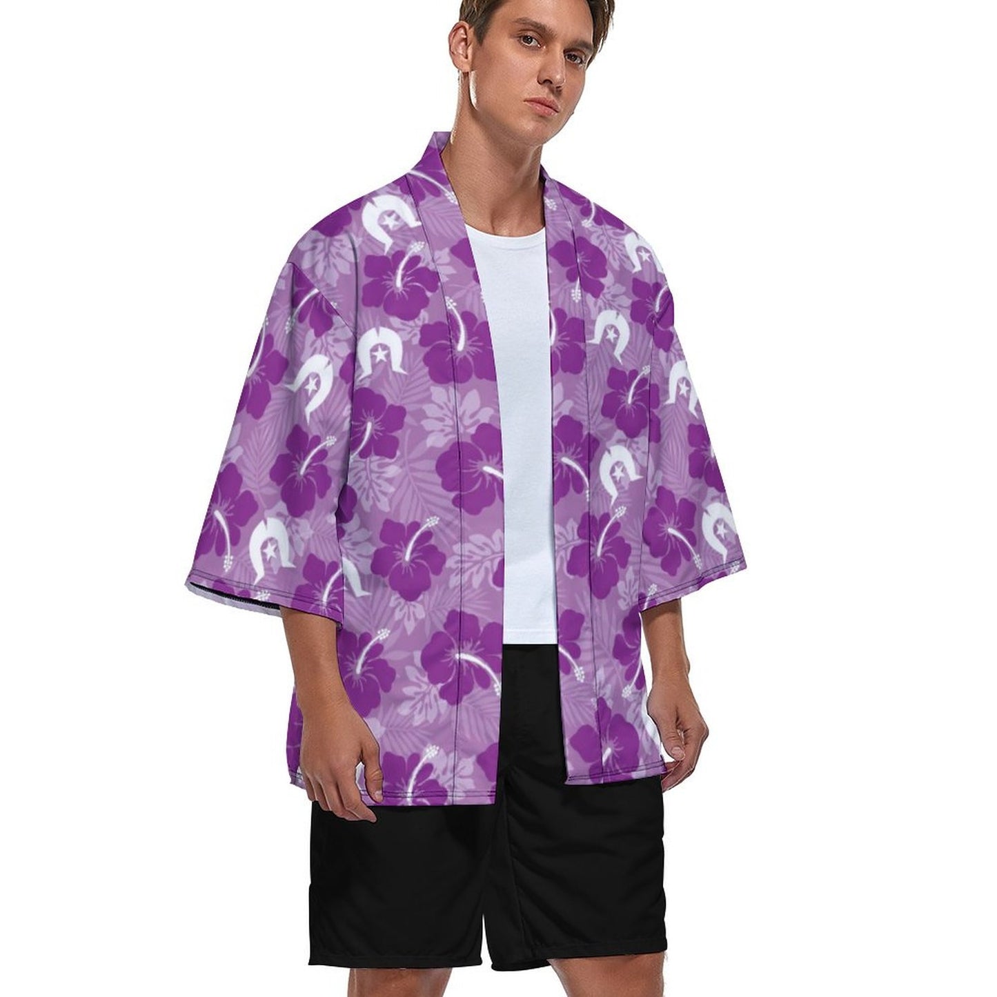 Hibiscus flowers with White Dhari (Royal purple) on Drop Shoulder Male Kimono Cardigan