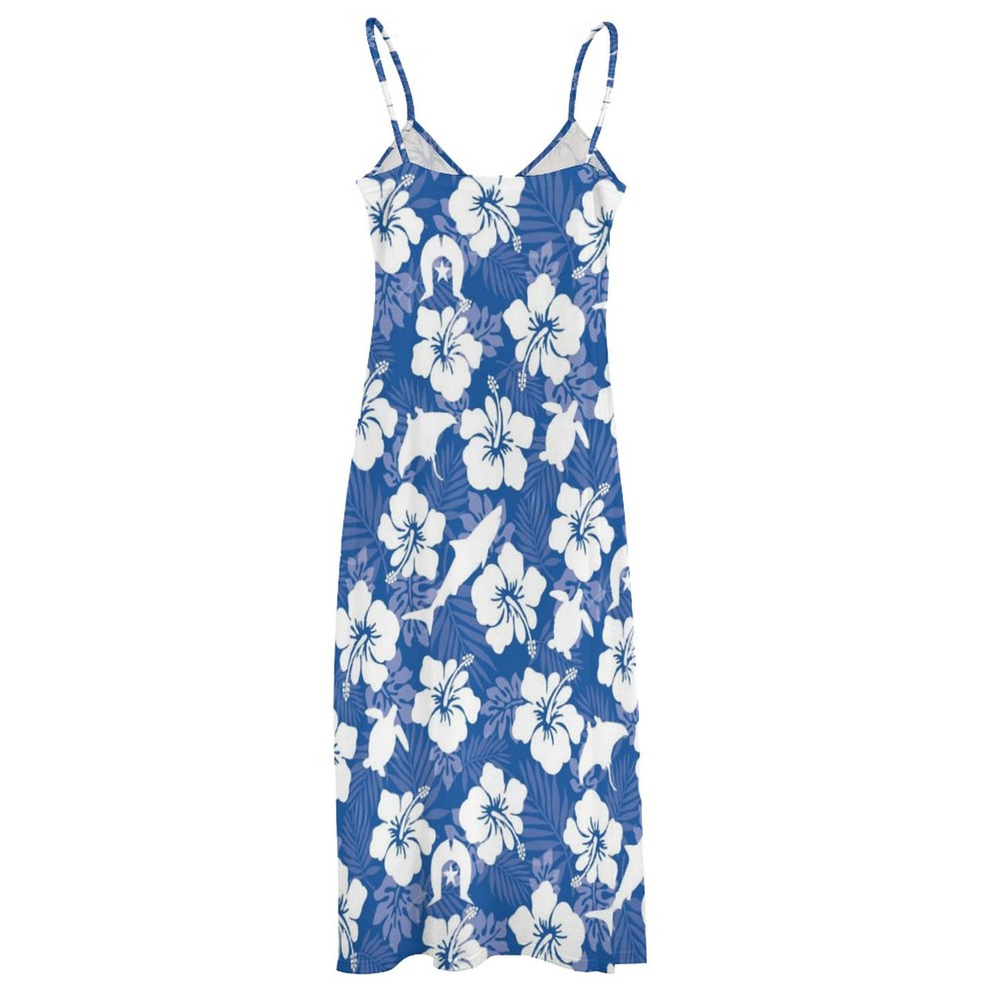 White hibiscus flowers with Dhari, Shark, turtle, and stingray on Ankle-length Slip Dress BDQ