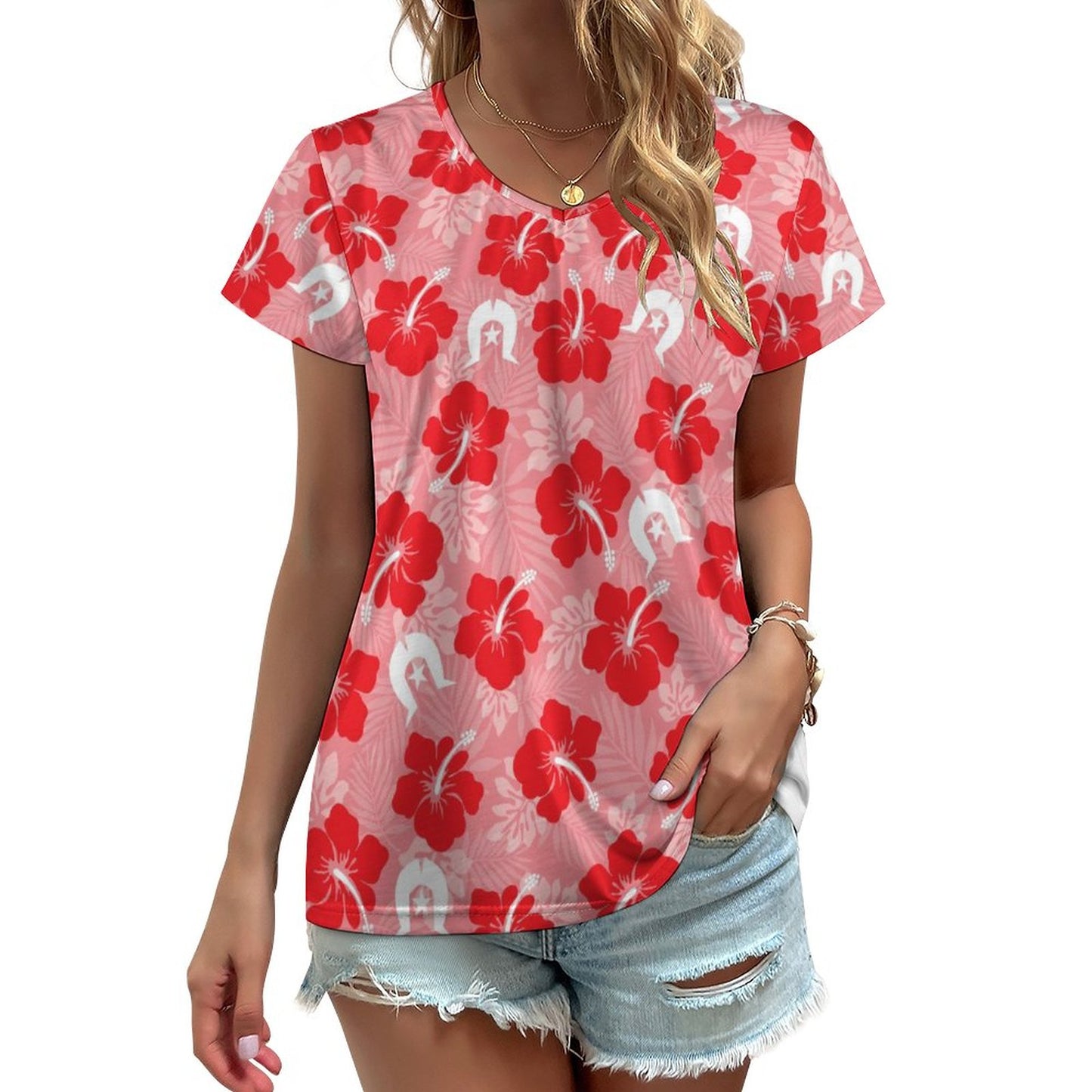Hibiscus flowers with Dhari (Royal Pink) on V-neck Short Sleeve T-Shirt