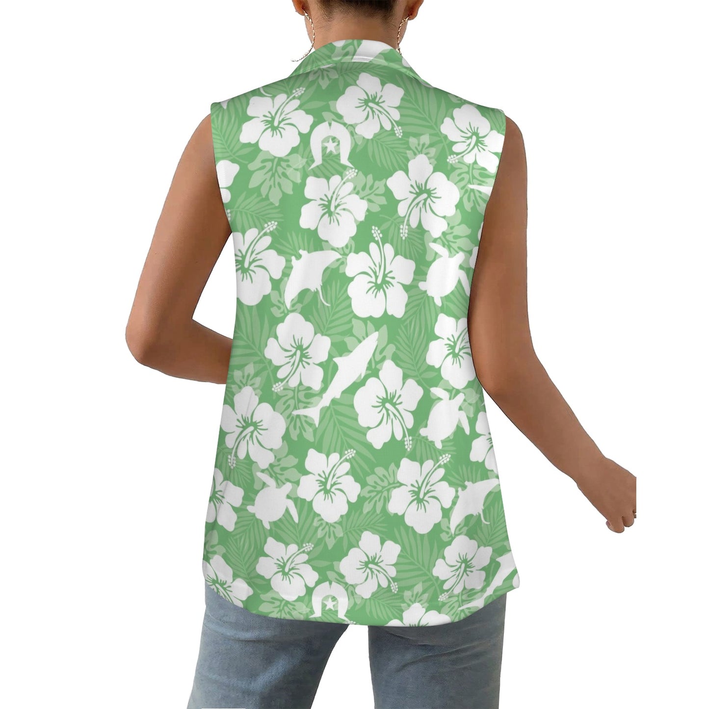 White hibiscus flowers with Dhari, Shark, turtle, and stingray (Green) on Women Sleeveless Suit Vest