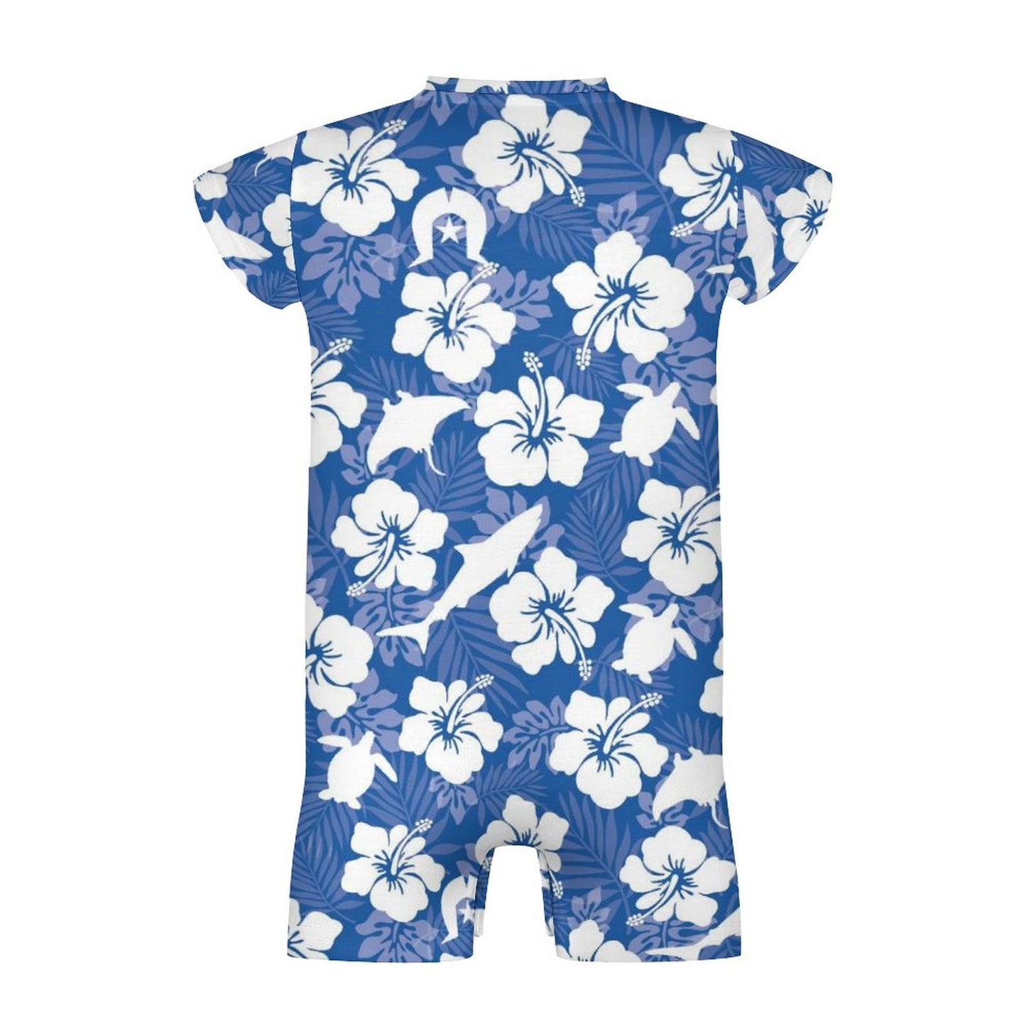 White hibiscus flowers with Dhari, Shark, turtle, and stingray (Blue) on Faux Cotton Short Sleeve Baby Bodysuit Romper