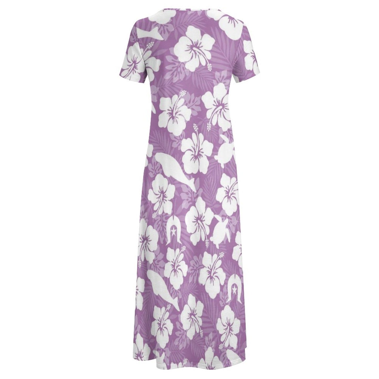 White Hibiscus flowers with Dugong, Turtle and Dhari on Round Neck Short Sleeve Dress