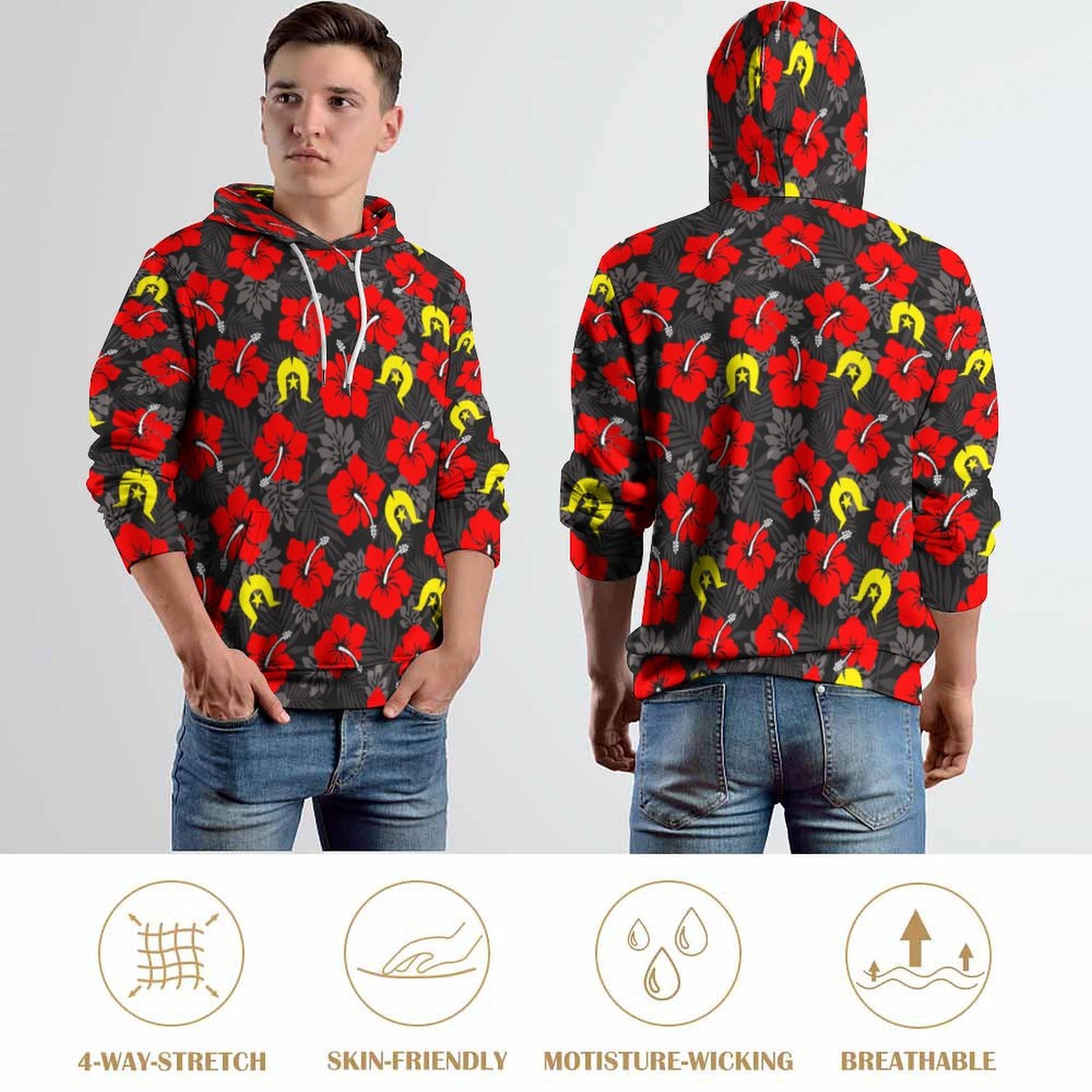 Royal Red Hibiscus with Yellow Dhari on Men's Cool Hoodie with Double-layer Cap