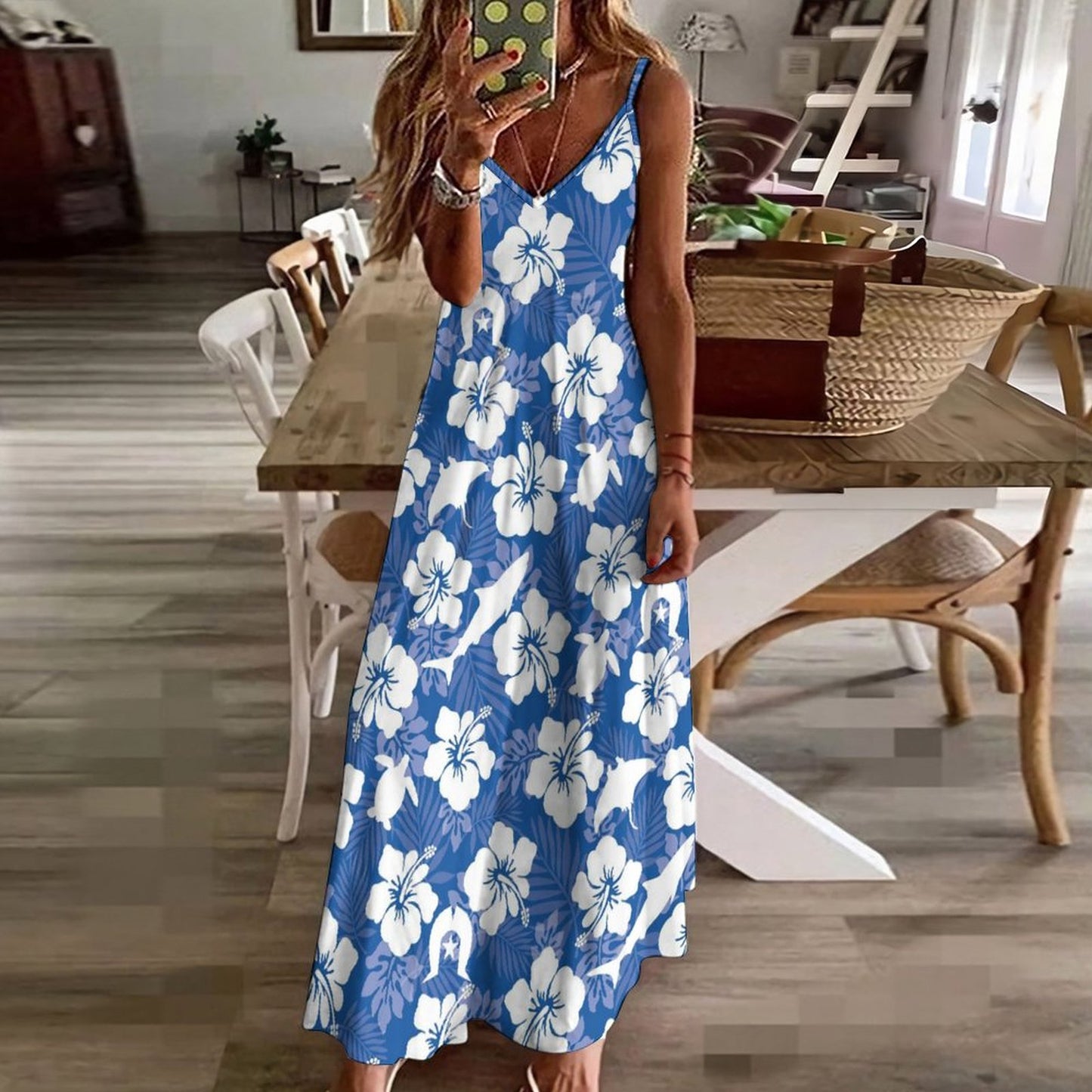 White hibiscus flowers with Dhari, Shark, turtle, and stingray on Ankle-length Slip Dress BDQ