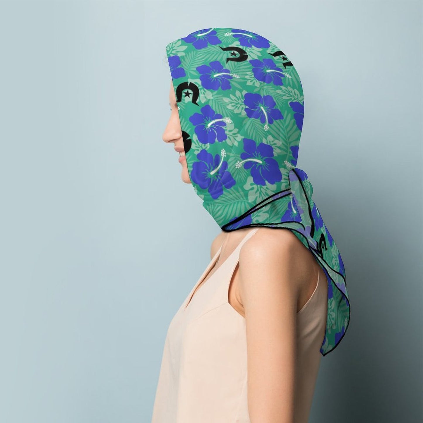 Royal Blue Hibiscus flowers with Black Dhari on Women's Scarf