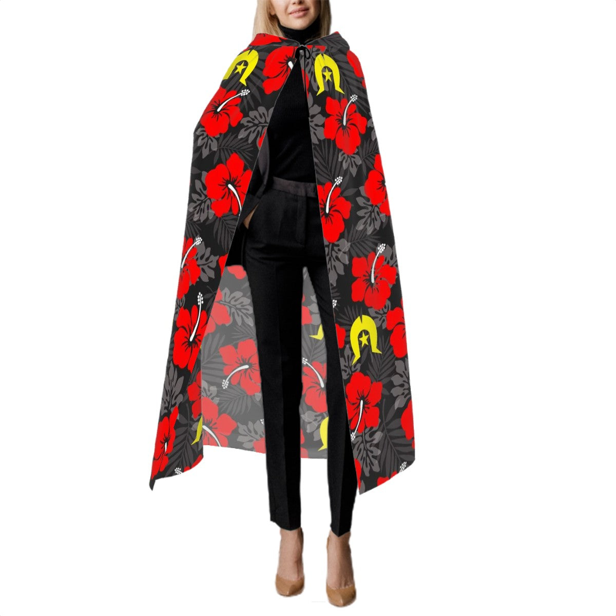 Royal Red Hibiscus with Yellow Dhari on Hooded Cloak