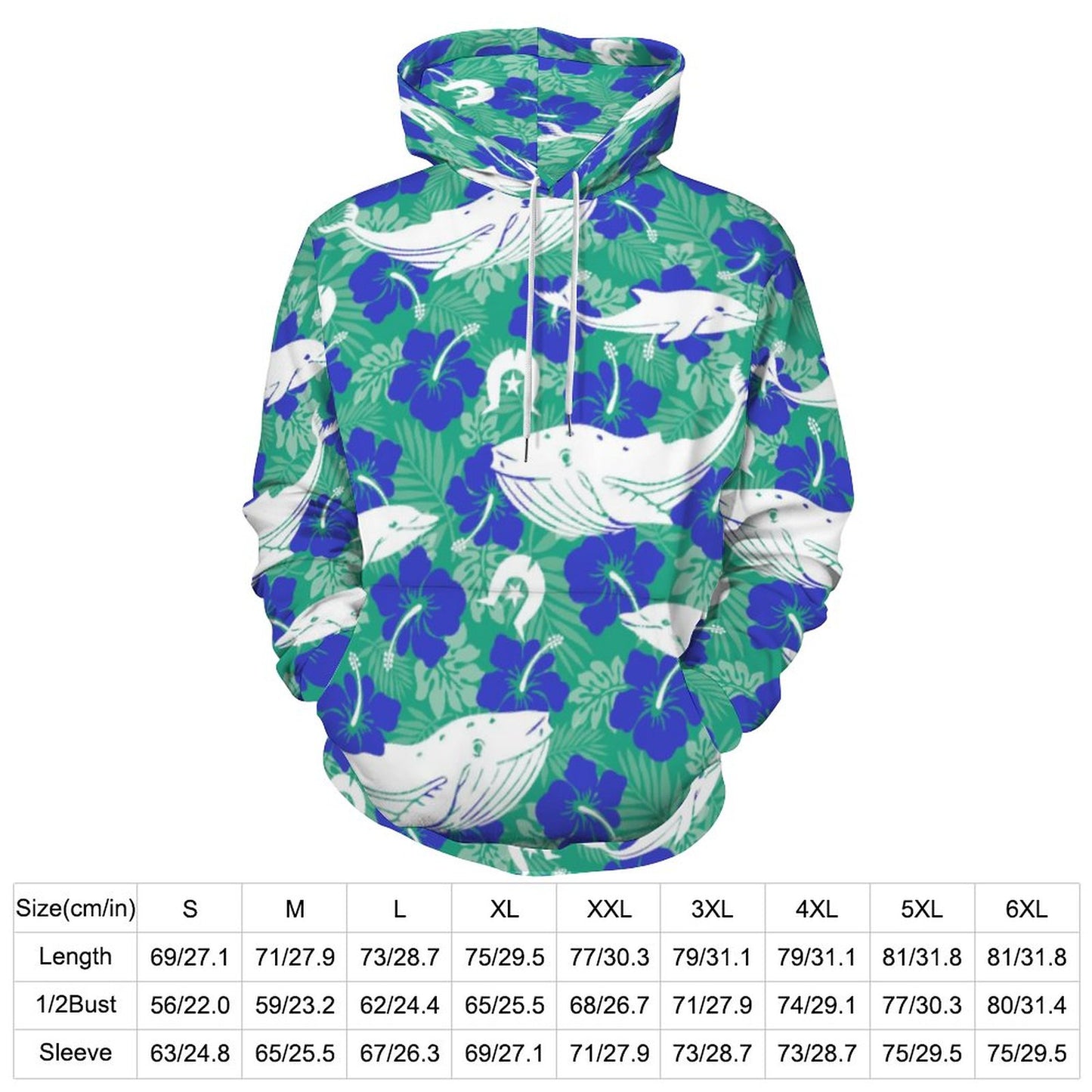 Royal Blue Hibiscus flowers with Whale, Dolphin and Dhari on Men's Cool Hoodie with Double-layer Cap