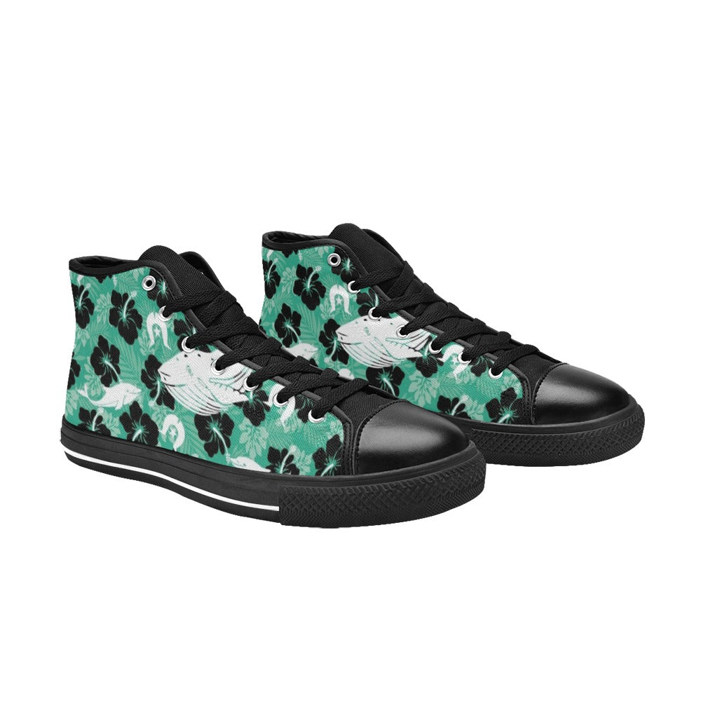 Black Hibiscus with Whale, Dolphin and Dhari on Women's High Top Canvas Shoes