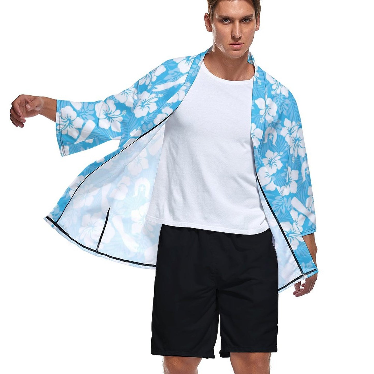 White Hibiscus flowers, Warup and Dhari on Drop Shoulder Male Kimono Cardigan