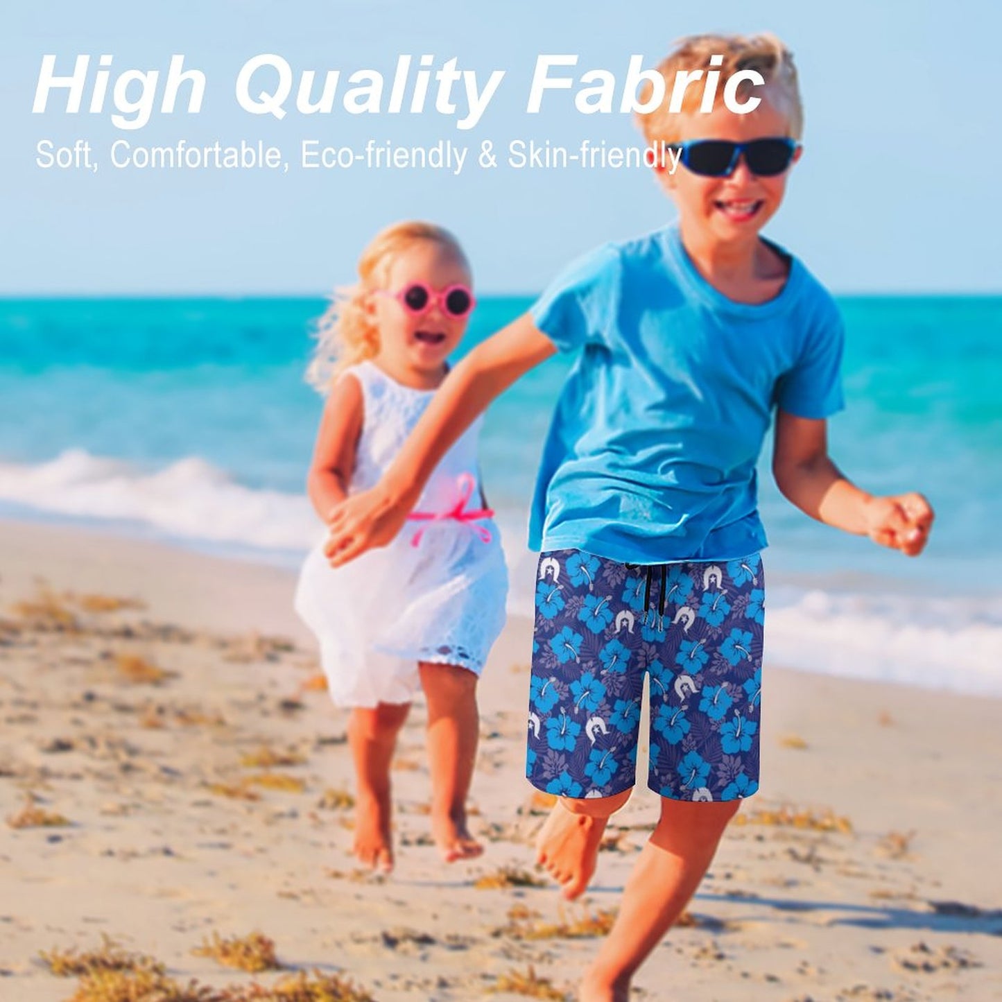 Hibiscus flowers with White Dhari (Royal blue) on Kid's Beach Pants