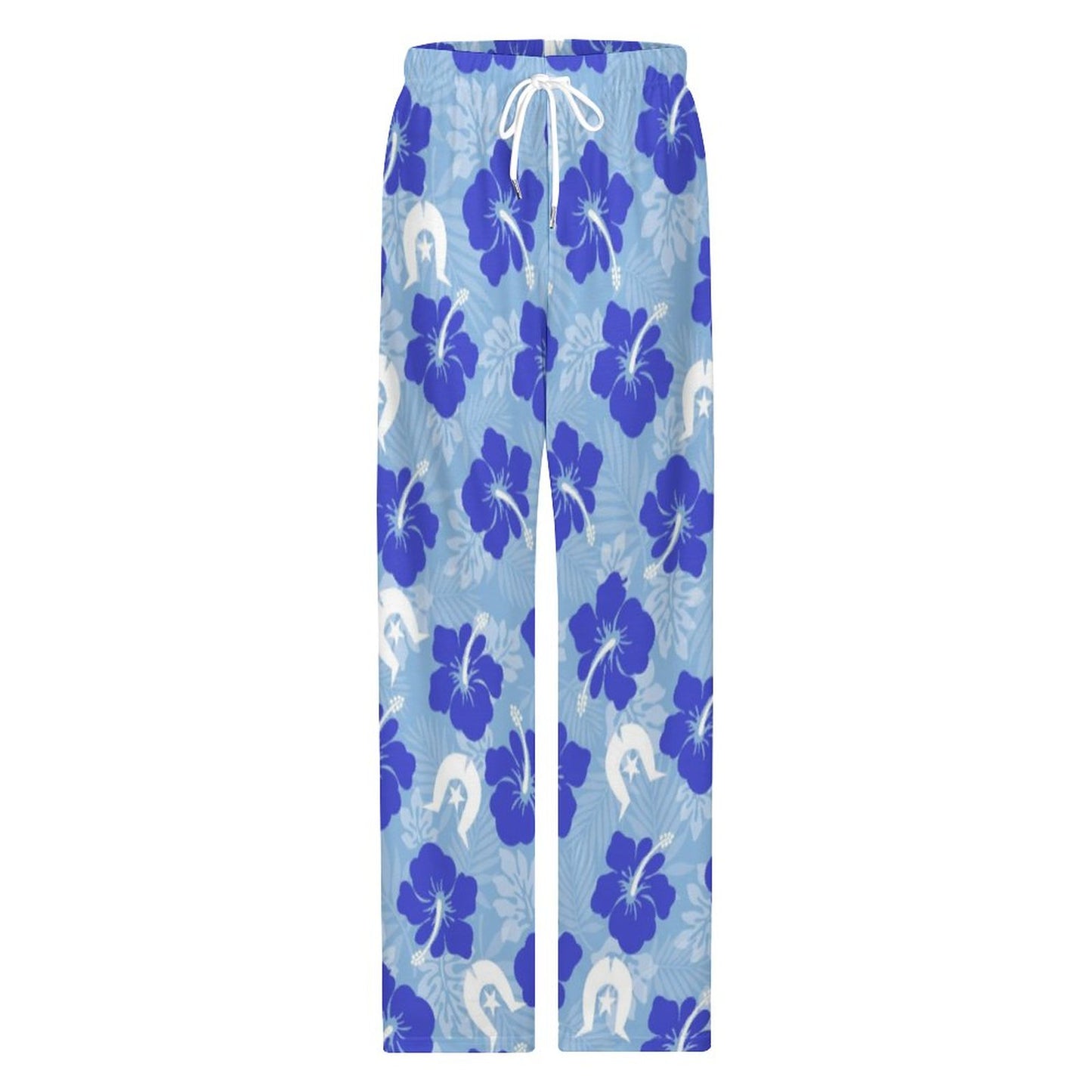 Hibiscus flowers with White Dhari (Sky blue) on Cotton Loose Loungewear Pants for Men