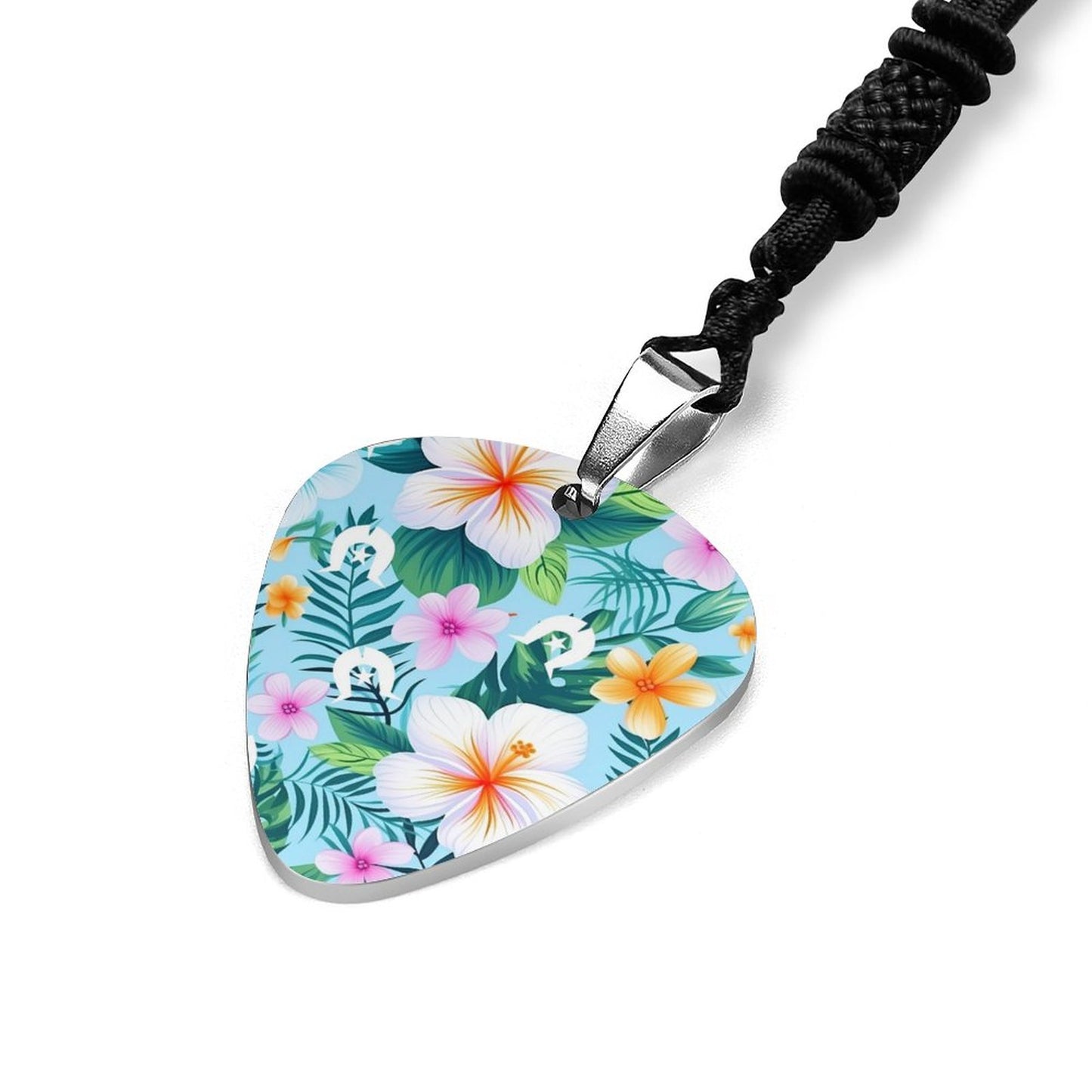 Pink Hibiscus flowers with White Dhari on Trendy Guitar Pick Necklace