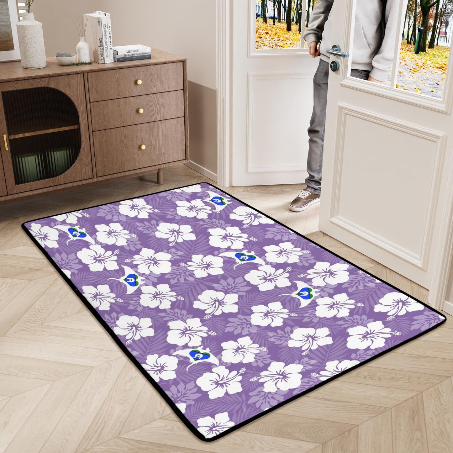 White Hibiscus with Torres Strait flag in Stingray (Purple) on Doormat (90x61cm) (Set of 3)