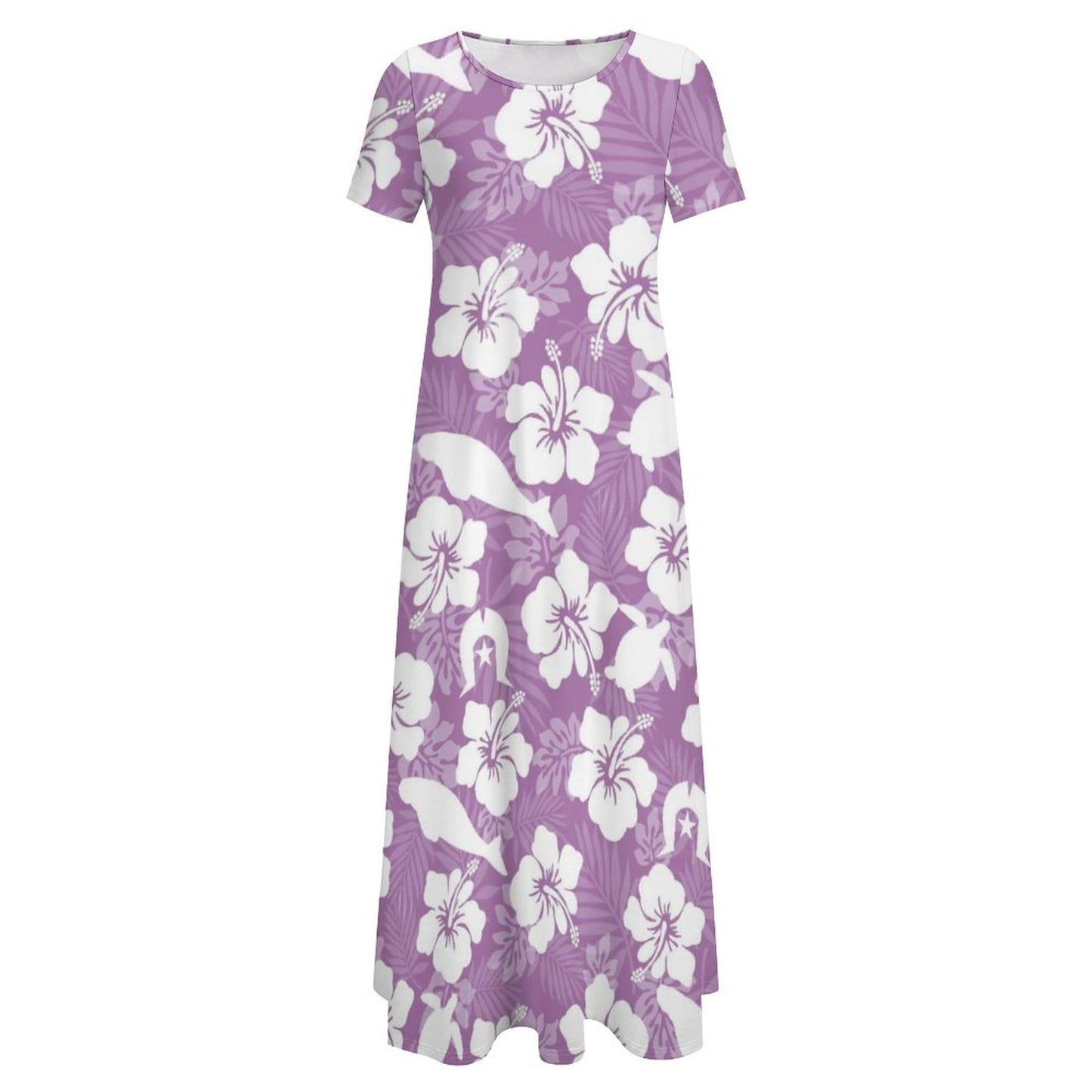 White Hibiscus flowers with Dugong, Turtle and Dhari on Round Neck Short Sleeve Dress
